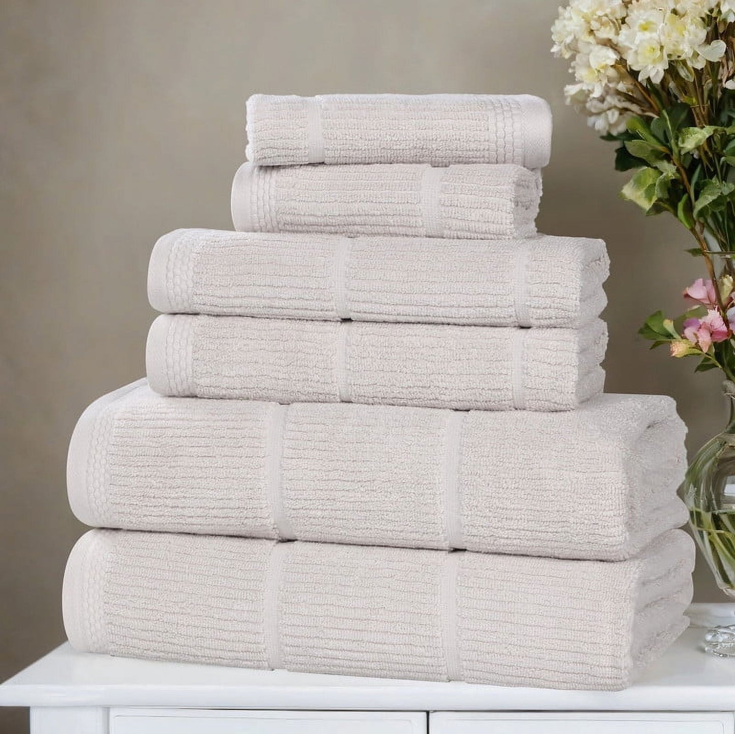 Superior Milo 6 Piece Smart Twist Cotton Towel Set, Medium Weight Ribbed Design Towels, Silver