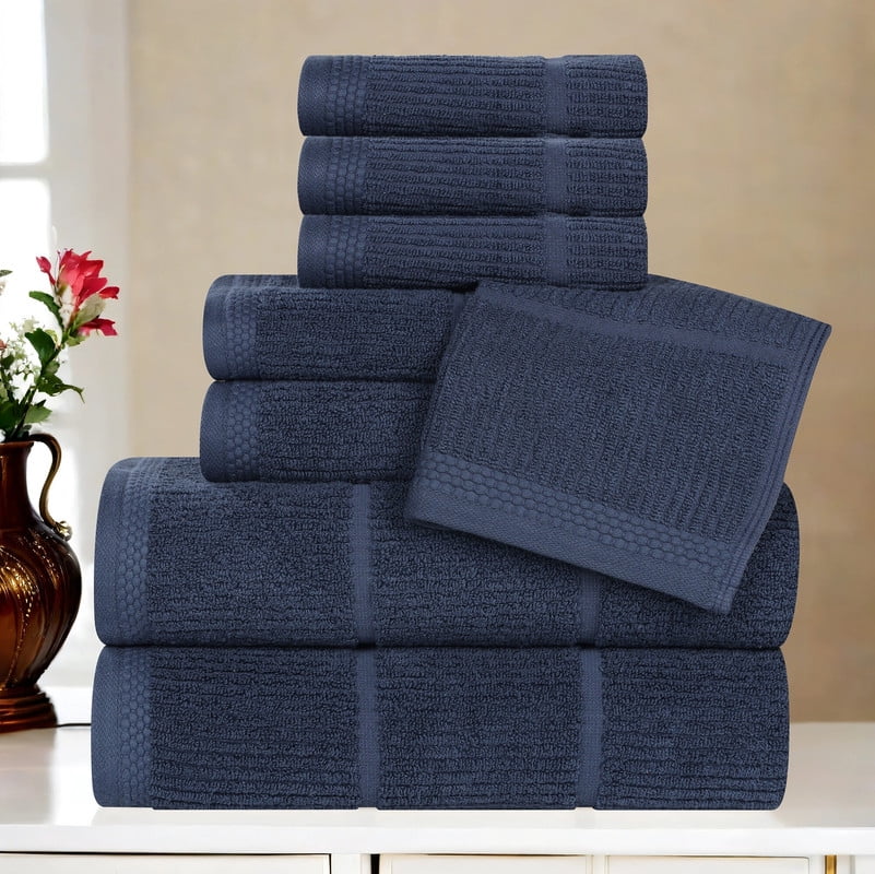Superior Milo 8 Piece Smart Twist Cotton Towel Set, Medium Weight Ribbed Design Towels, Navy Blue
