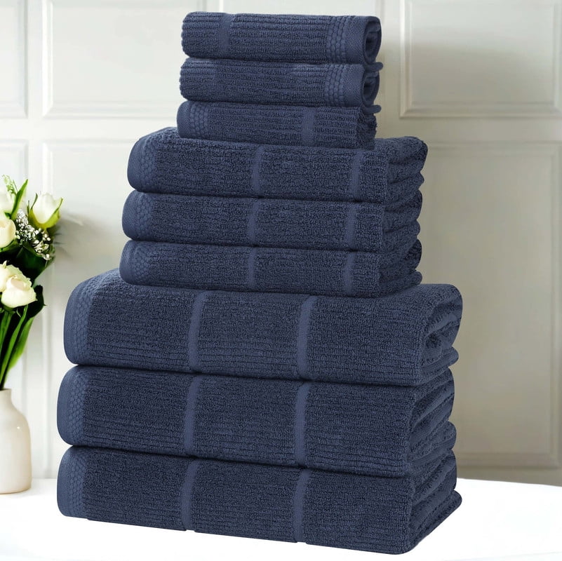 Superior Milo 9 Piece Smart Twist Cotton Towel Set, Medium Weight Ribbed Design Towels, Navy Blue
