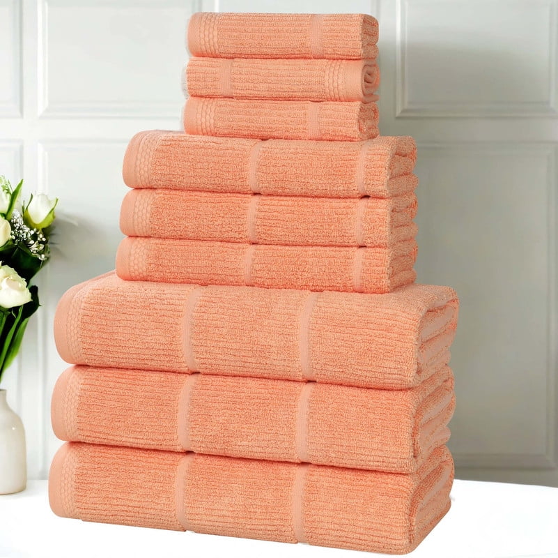Superior Milo 9 Piece Smart Twist Cotton Towel Set, Medium Weight Ribbed Design Towels, Peach