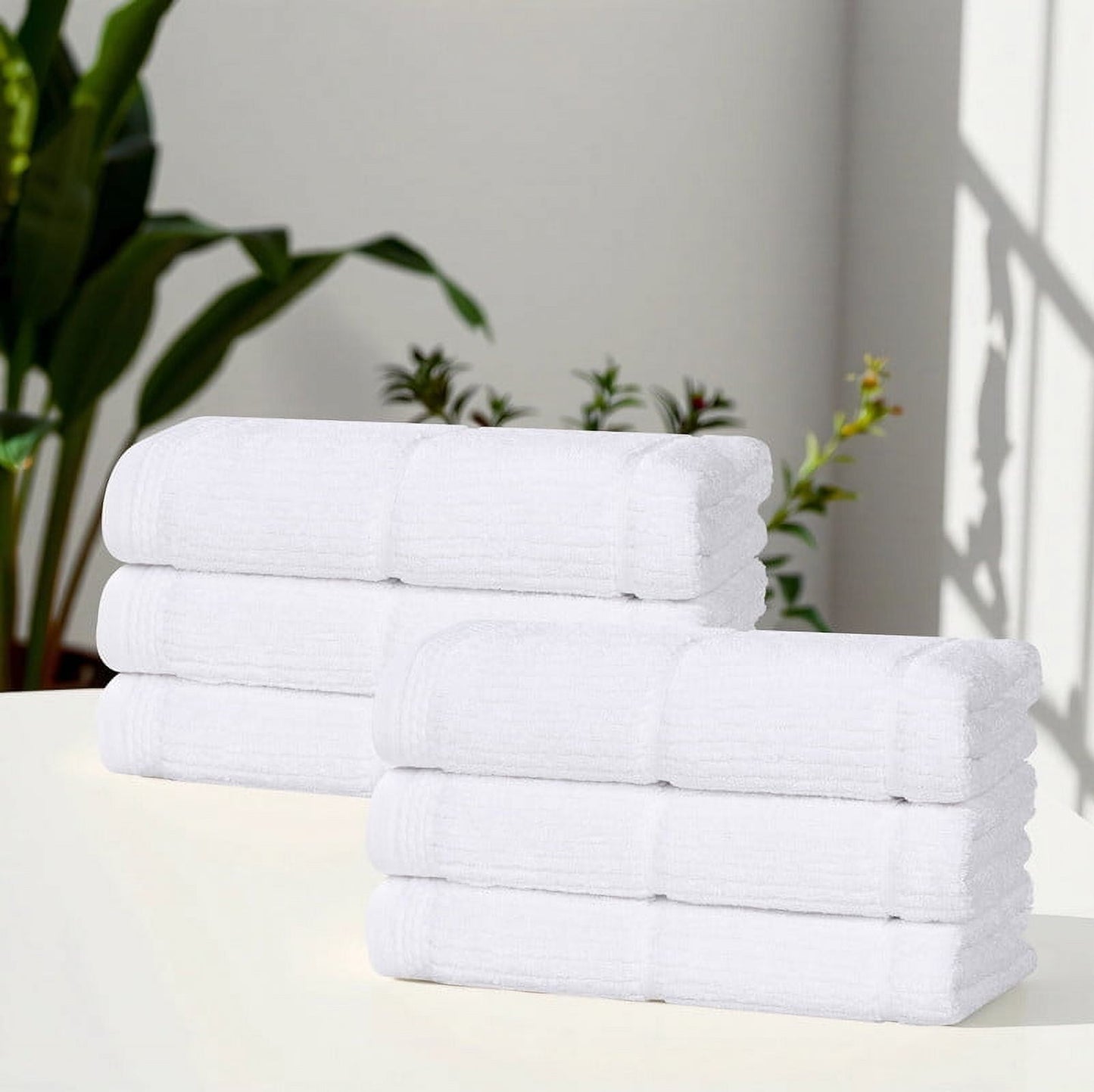 Superior Milo 6 Piece Smart Twist Cotton Hand Towels, Medium Weight Ribbed Design Towels, White