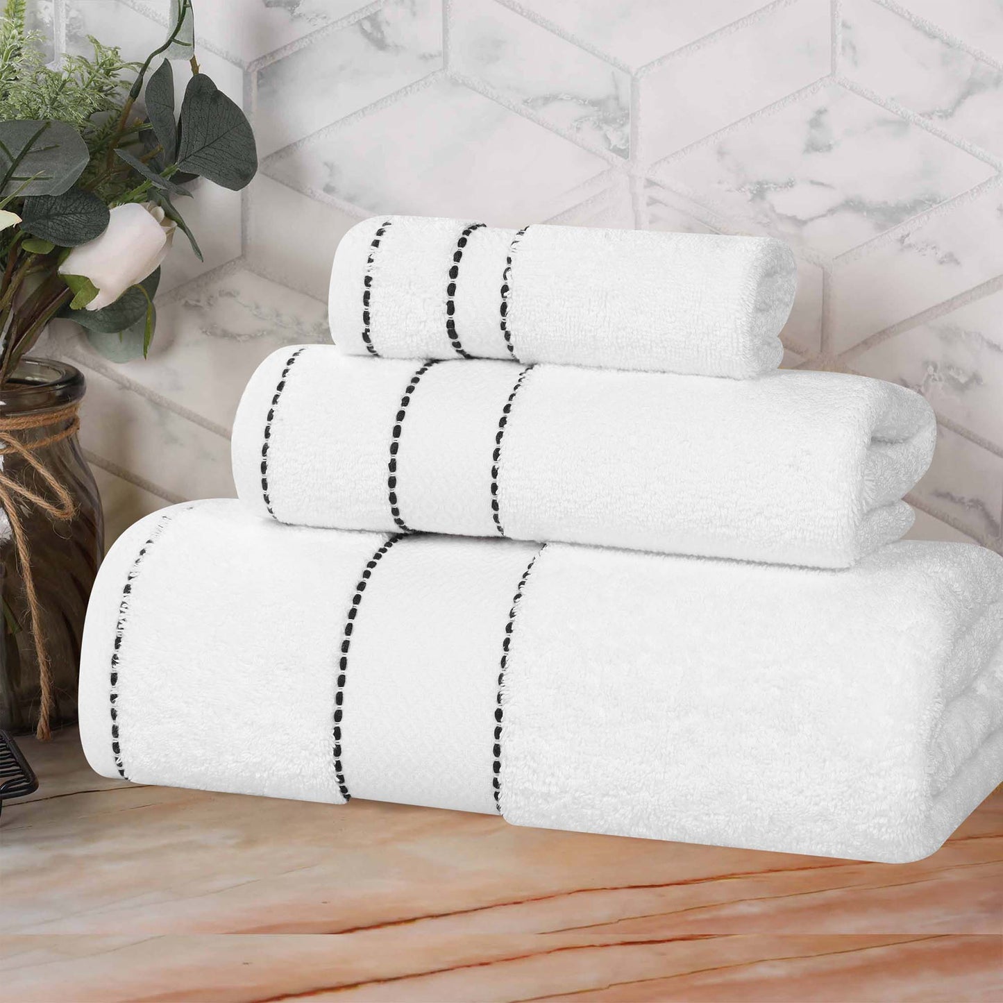 Superior Niles Giza Cotton 3 Piece Towel Set, Egypt Produced Soft Towels, White-Black