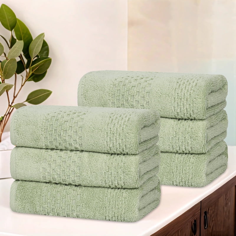 Superior Playa Zero Twist Cotton Solid Waffle Textured Absorbent Hand Towels, Set of 6, Green