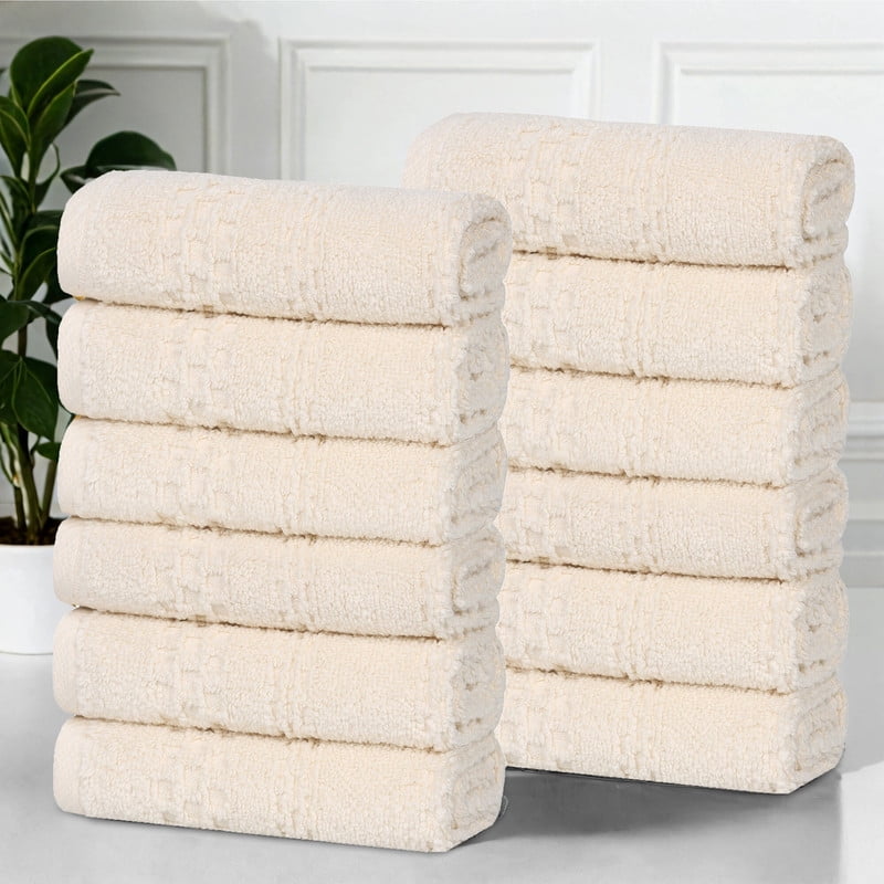 Superior Playa Zero Twist Cotton Solid Waffle Textured Face Towels, Set of 12, Ivory