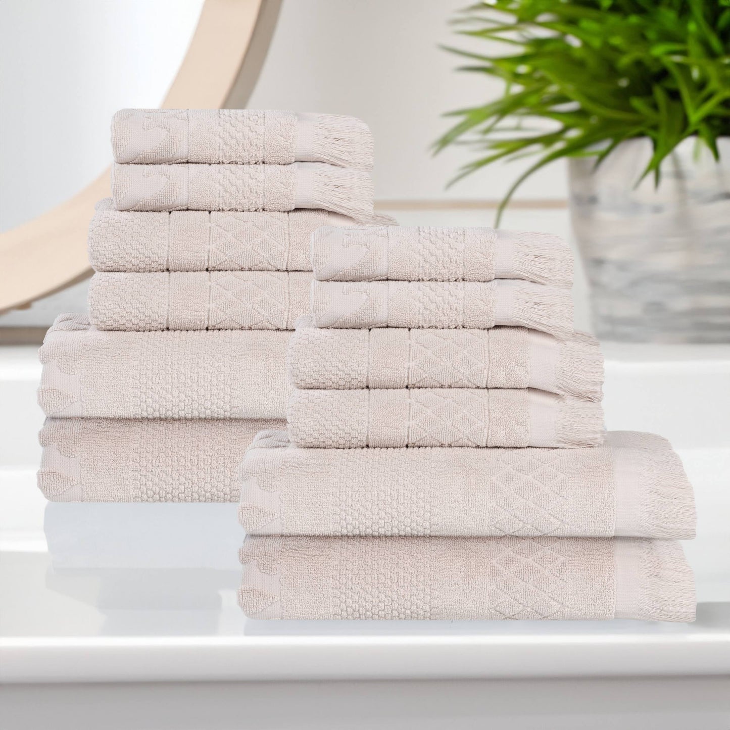 Superior Rolla Geometric Cotton 12 Piece Towel Set, Quick-Dry Ultra Soft Towels, Silver