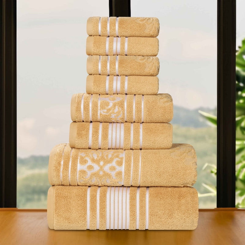Superior Sadie Zero Twist Cotton Floral 8 Piece Towel Set, Ultra Soft Towels, Gold