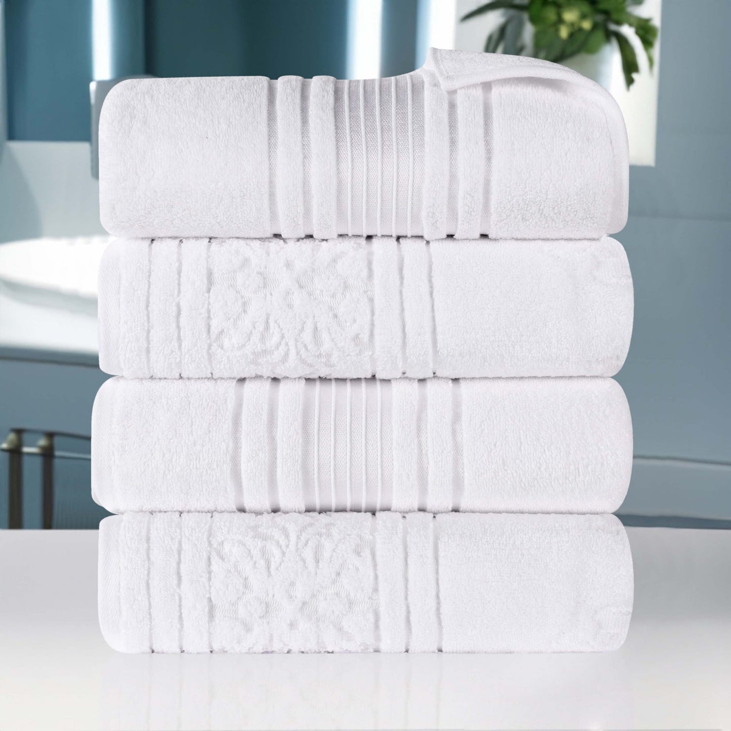 Superior Sadie Zero Twist Cotton Floral Bath Towel Set of 4 , Ultra Soft Towels, White