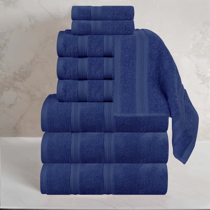 Superior Smart Dry 9-Piece Zero Twist Soft Cotton Towel Set, Quick Dry Fade Resistant, Navy Blue