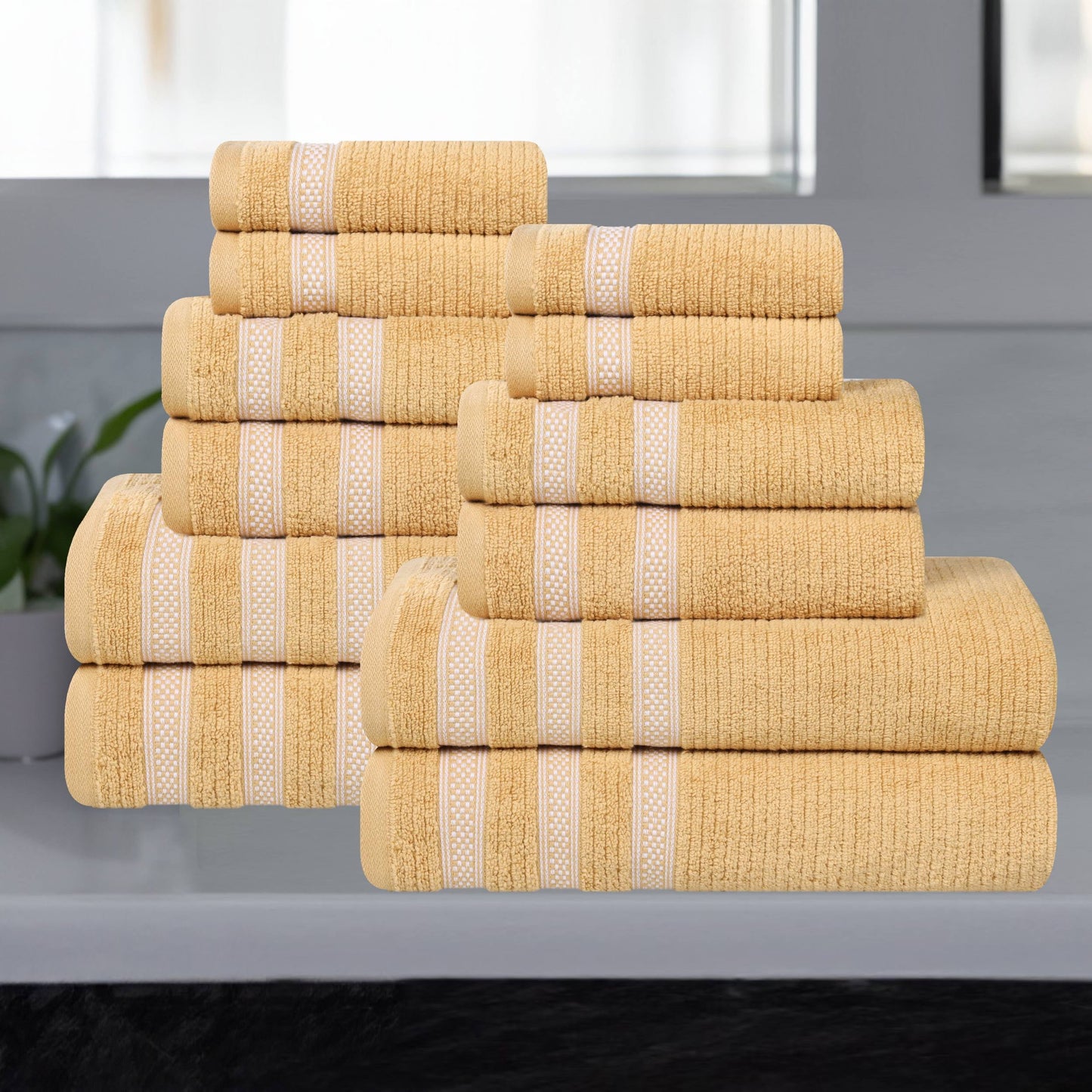 Superior Zero Twist Cotton Ribbed Geometric 12-Piece Towel Set, Ultra Soft Quick Dry, Gold