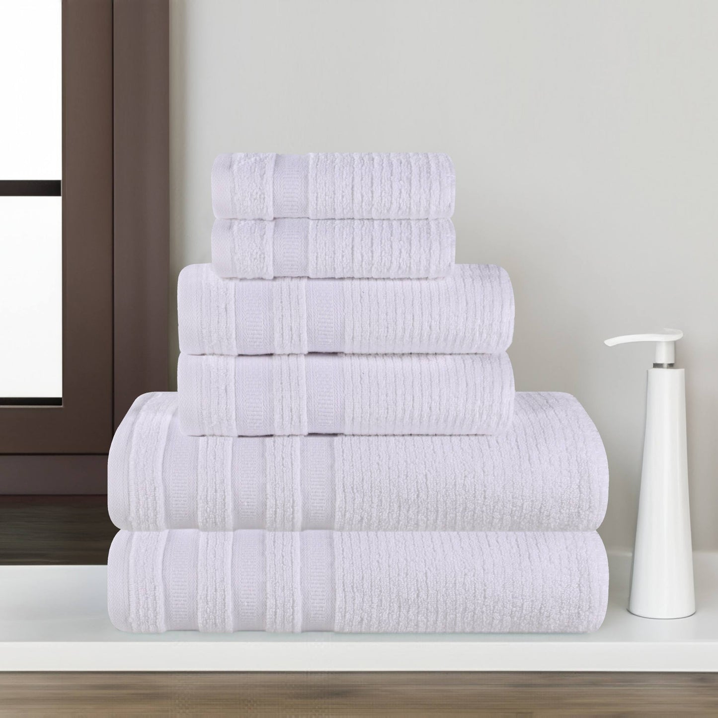 Superior Zero Twist Cotton Ribbed Geometric 6-Piece Towel Set, Ultra Soft Quick Dry, White