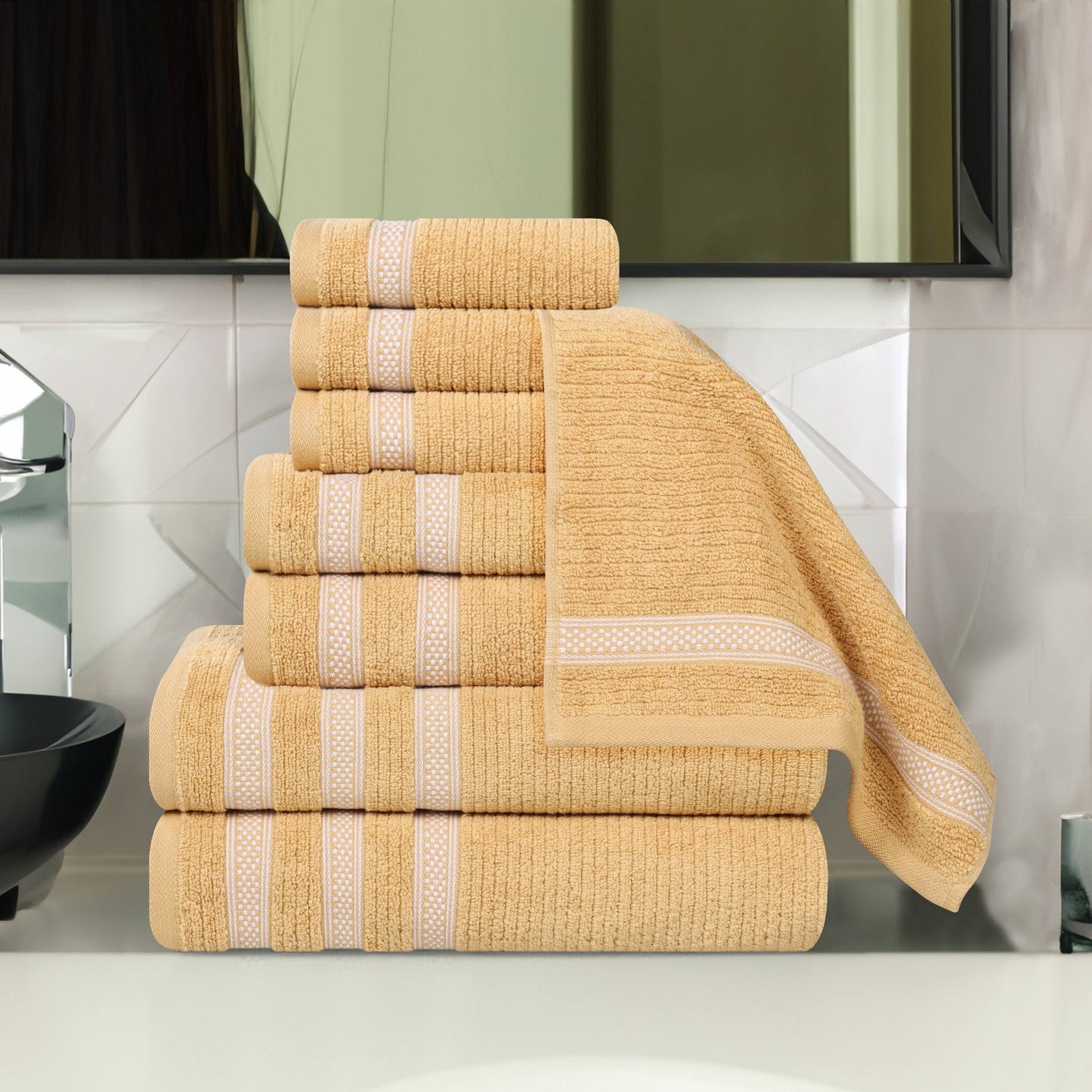 Superior Zero Twist Cotton Ribbed Geometric 8-Piece Towel Set, Ultra Soft Quick Dry, Gold