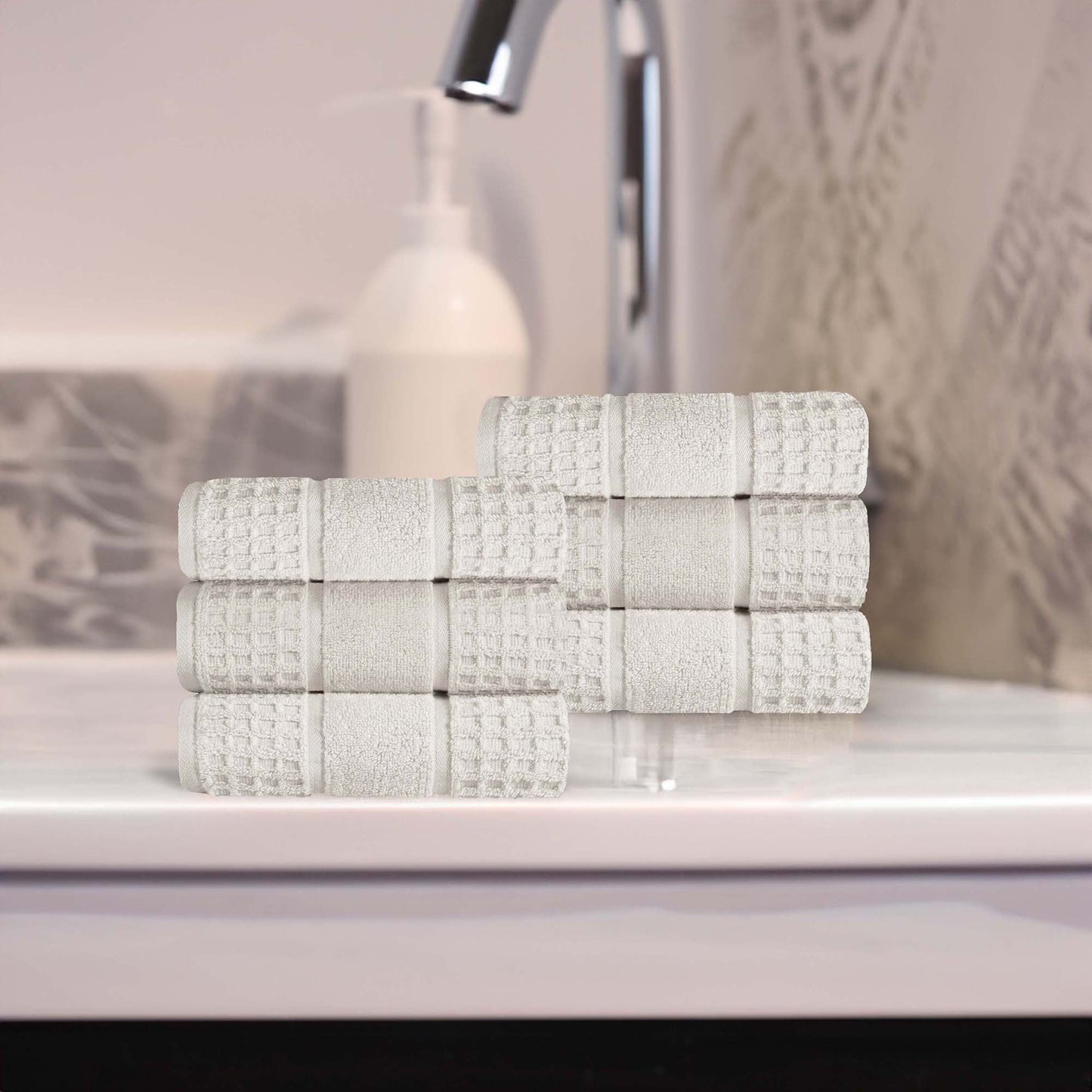 Superior Zero Twist 6-Piece Cotton Hand Towel Set, Waffle Border Ultra Doft Quick Dry Towels, Stone