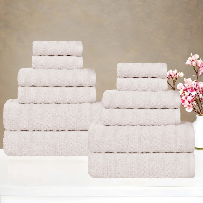 Superior Zuma Waffle Textured Stripes Cotton 12 Piece Towel Set, Zero Twist Absorbent Towels, Silver