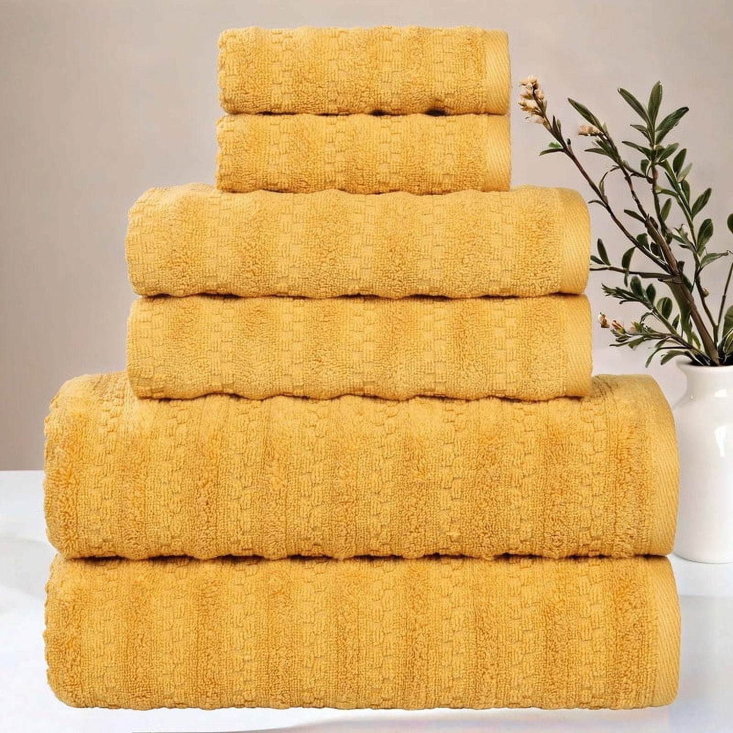 Superior Zuma Waffle Textured Stripes Cotton 6 Piece Towel Set, Zero Twist Absorbent Towels, Gold