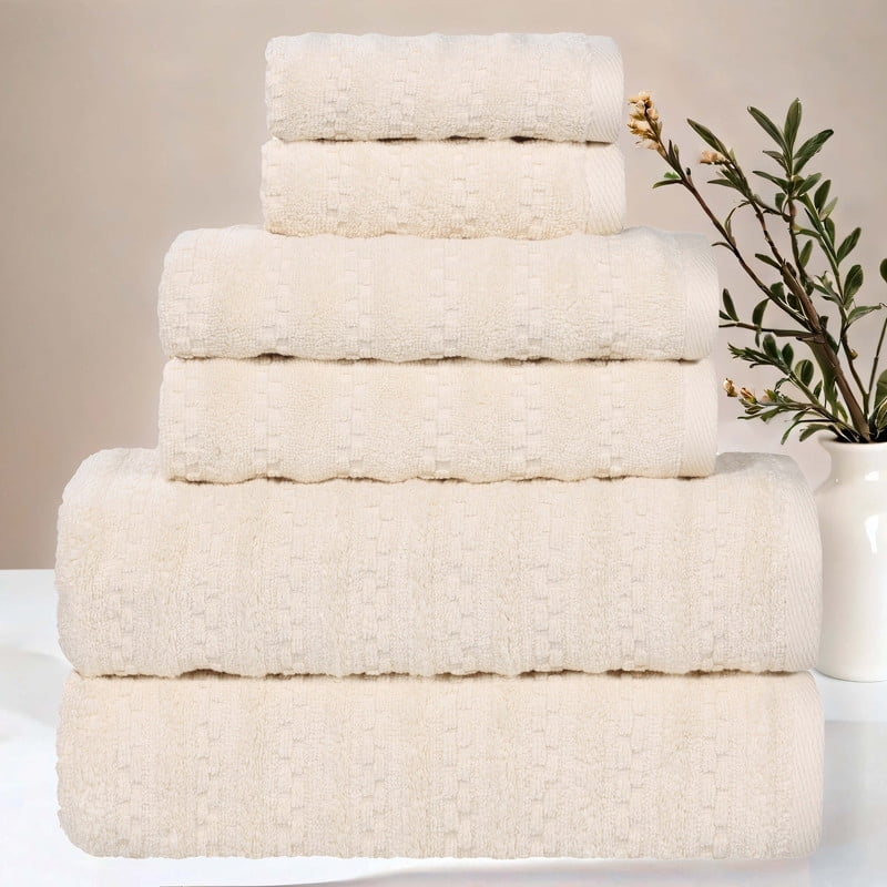 Superior Zuma Waffle Textured Stripes Cotton 6 Piece Towel Set, Zero Twist Absorbent Towels, Ivory