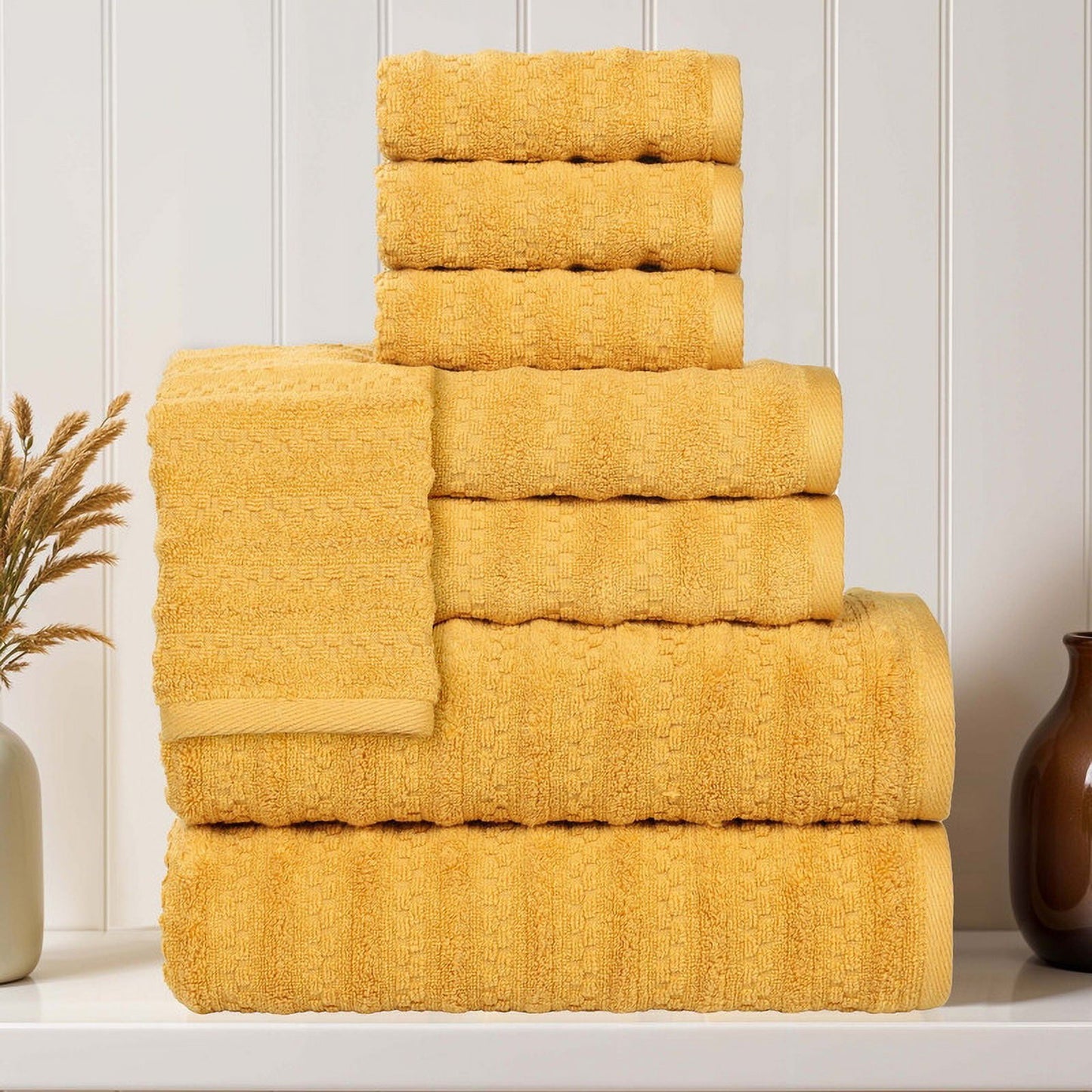 Superior Zuma Waffle Textured Stripes Cotton 8 Piece Towel Set, Zero Twist Absorbent Towels, Gold