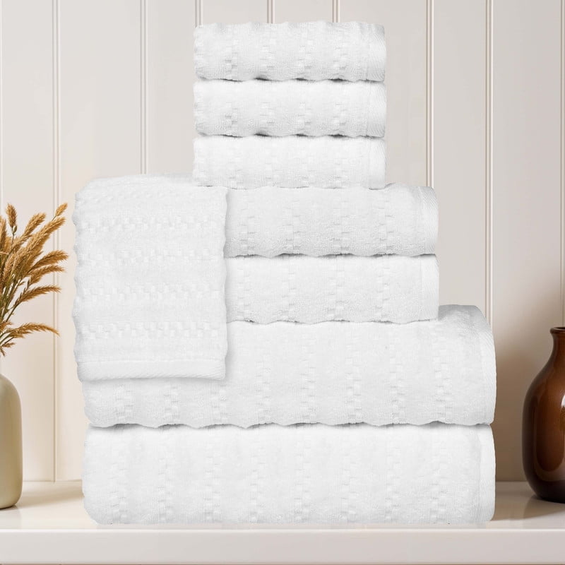 Superior Zuma Waffle Textured Stripes Cotton 8 Piece Towel Set, Zero Twist Absorbent Towels, White