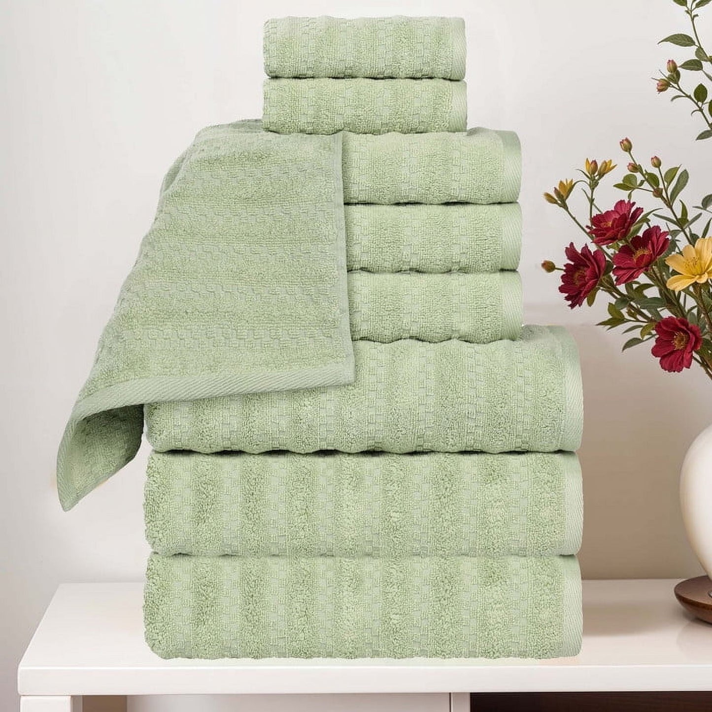 Superior Zuma Waffle Textured Stripes Cotton 9 Piece Towel Set, Zero Twist Absorbent Towels, Green