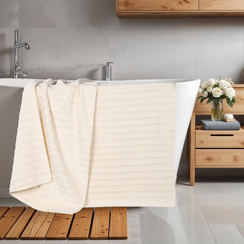 Superior Zuma Waffle Textured Stripes Cotton 2 Piece Bath Sheet Set, Zero Twist Absorbent Towels, Ivory