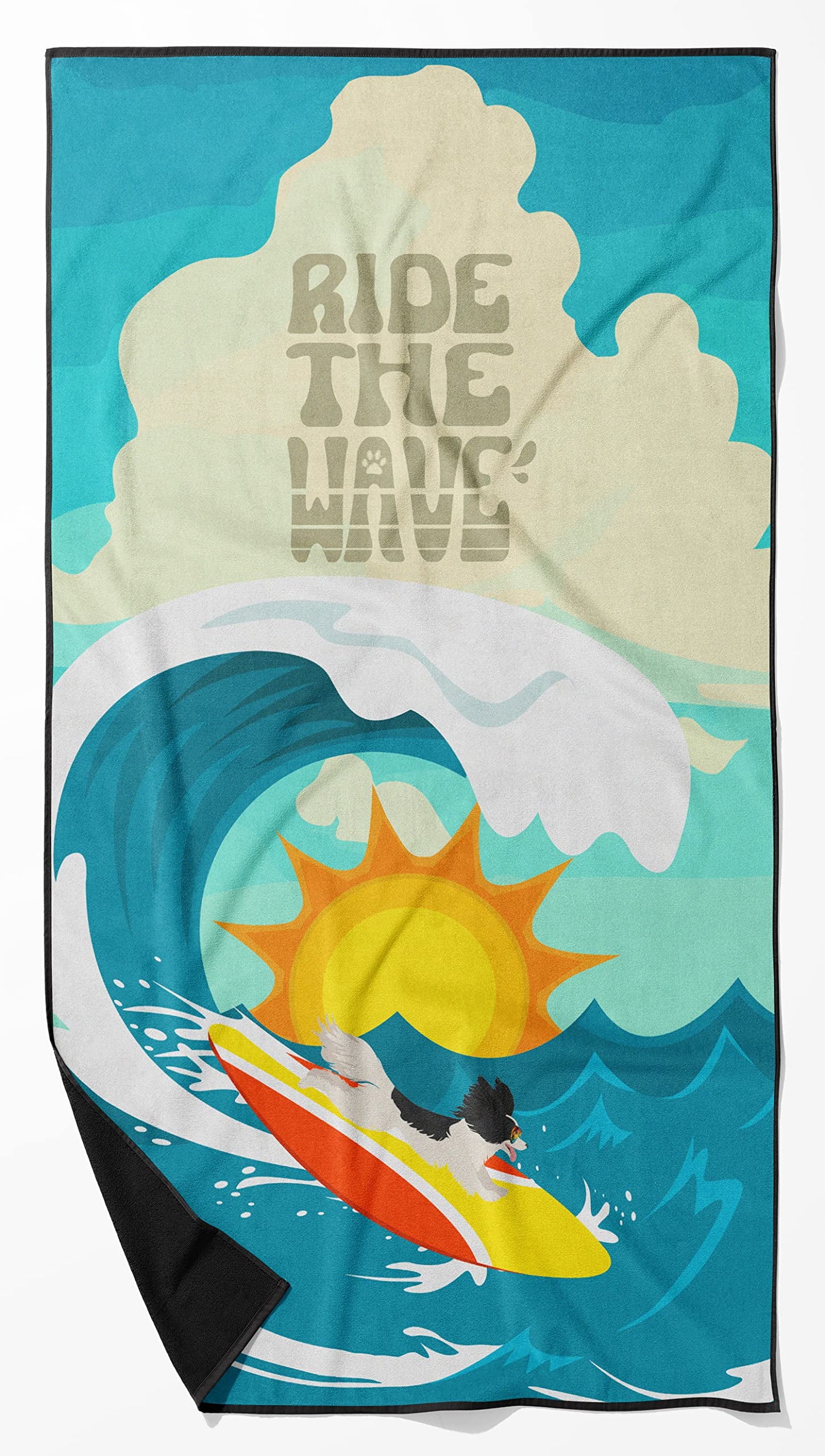Surfer Dog Black White Papillon Premium Beach Towel 30 in x 60 in