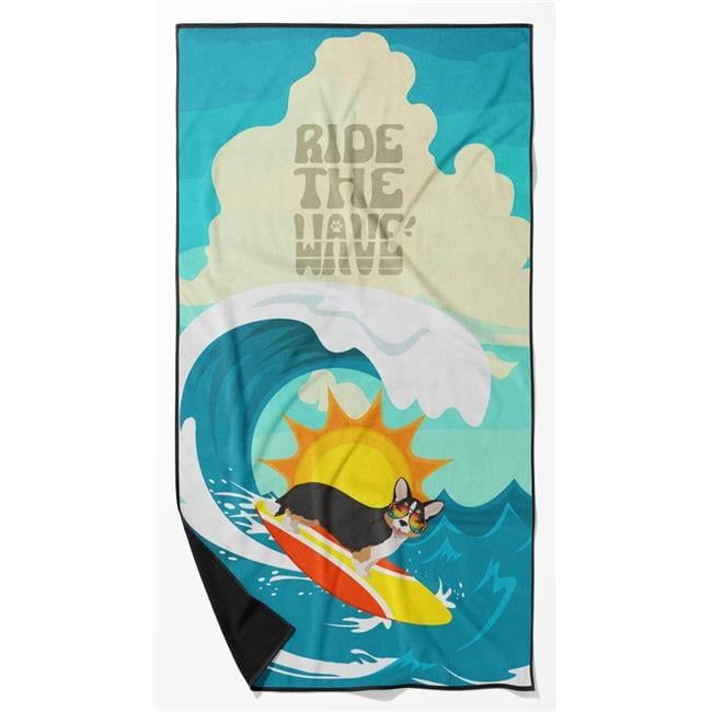 Surfer Dog Tricolor Cardigan Corgi Premium Beach Towel 30 in x 60 in