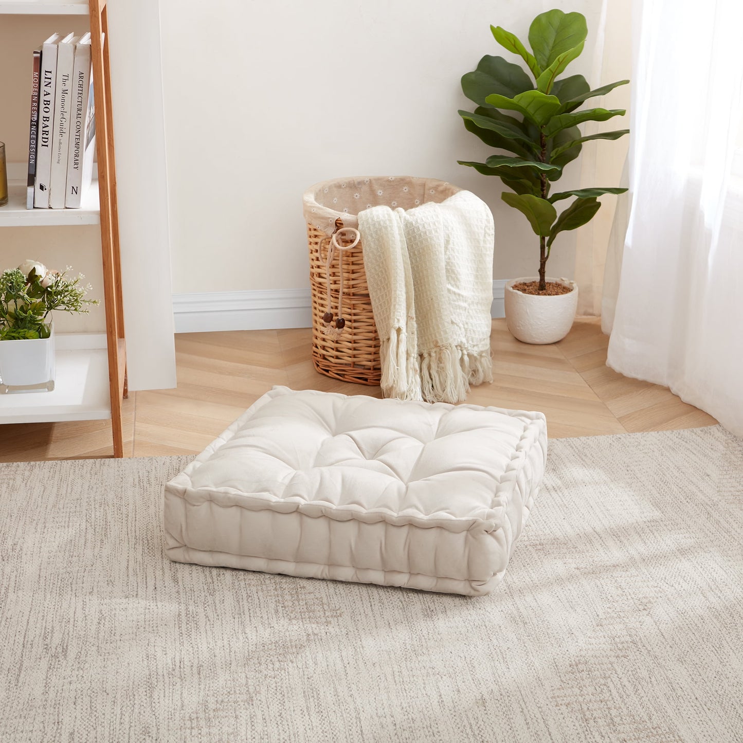 Sweet Home Collection Tufted Square Meditation Yoga Floor Pillow, Ivory 2 Pack - 20" x 20"