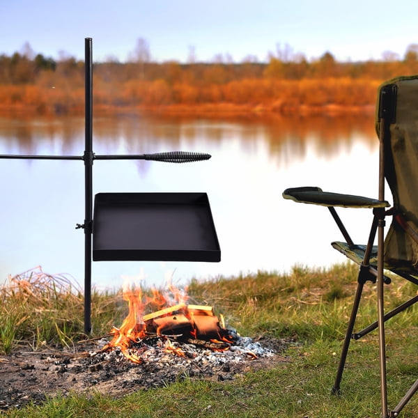 Combo de Sartén Giratoria para Parrilla de Fogata, Parrilla de Acampar Portátil y Resistente con Rejilla de Parrilla de Altura Ajustable y Sartén para Parrilla y Bolsa de Transporte, Negro