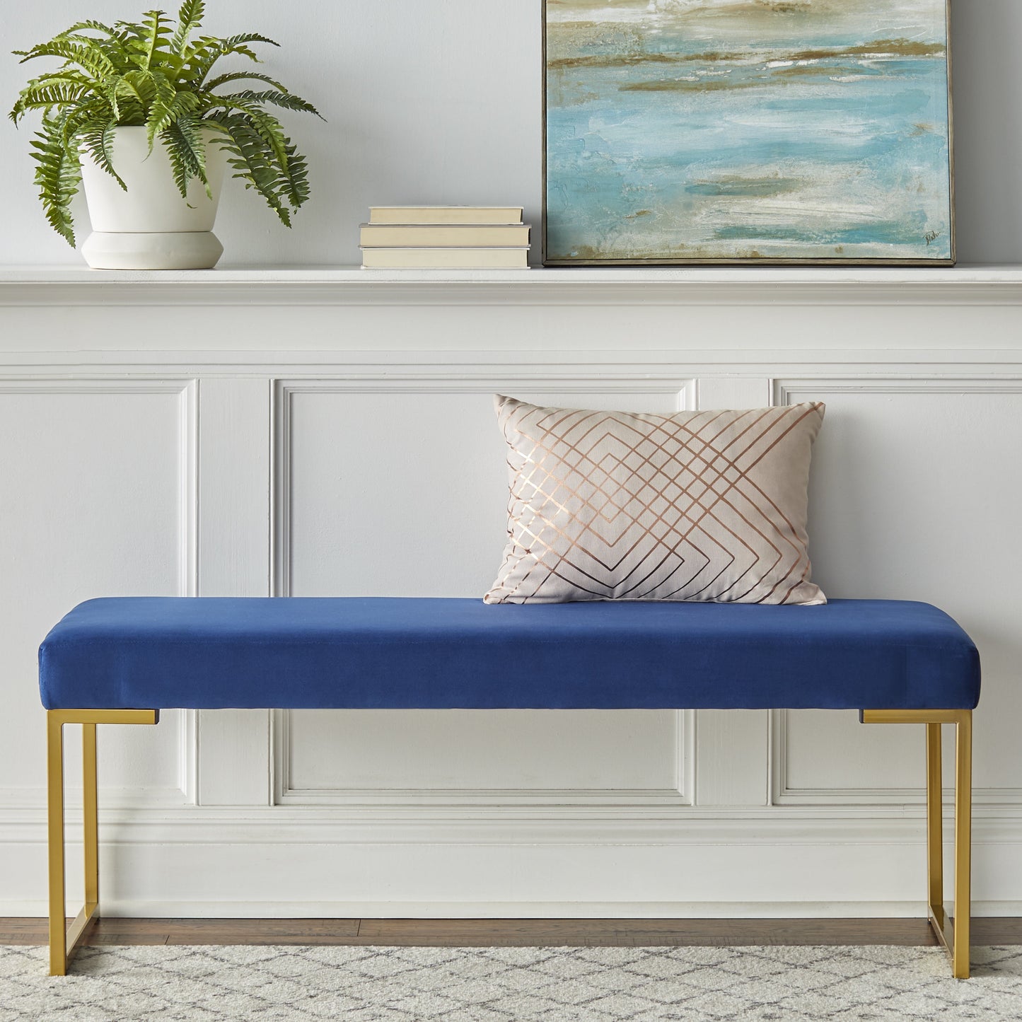 TMS Delarue 48†Wide Modern Metal Frame Dining Bench, Seats 2, Blue Velvet
