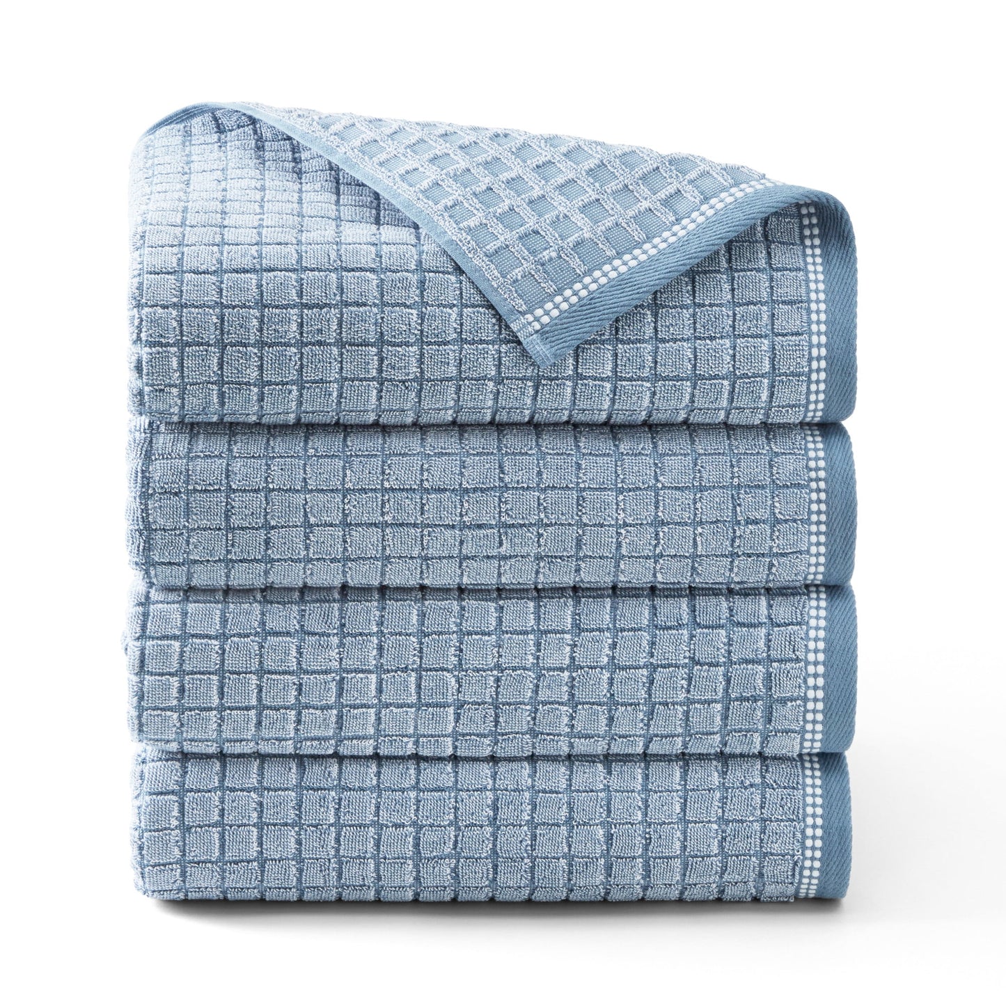 TOWN & COUNTRY EVERYDAY 4-Piece Textured Windowpane Bath Towel Set, 30"x58", 100% Cotton, Plush & Absorbent 550GSM, Blue
