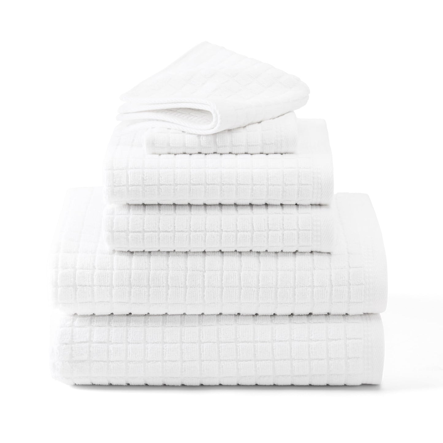 TOWN & COUNTRY EVERYDAY 6-Piece Textured Windowpane Set, 2-Bath Towels, 2-Hand Towels, 2-Washcloths, 100% Cotton, Plush & Absorbent 550GSM, White
