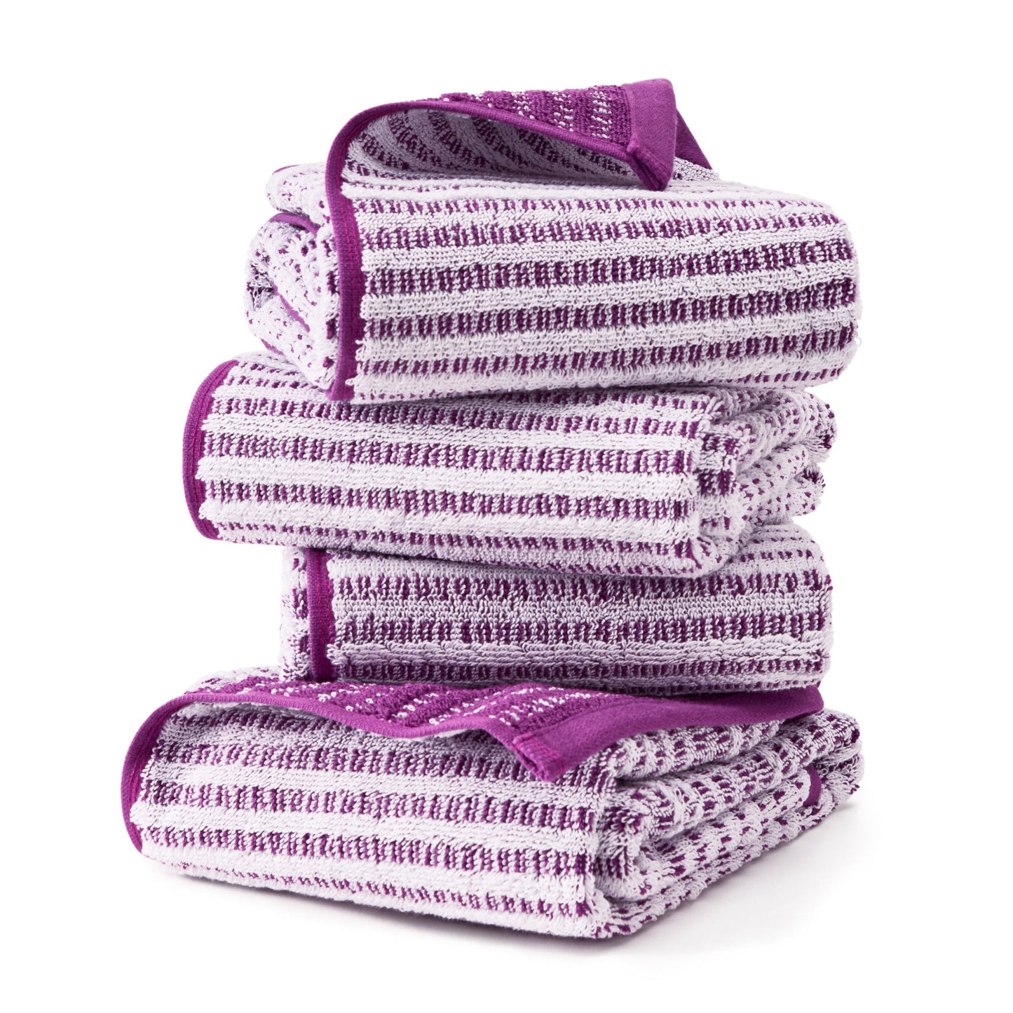 TOWN & COUNTRY PLAY 4-Piece Striped Reversible Terry Brights Hand Towel Set, 20"x30", 100% BCI Cotton, Plush & Absorbent 550GSM, Grape Purple