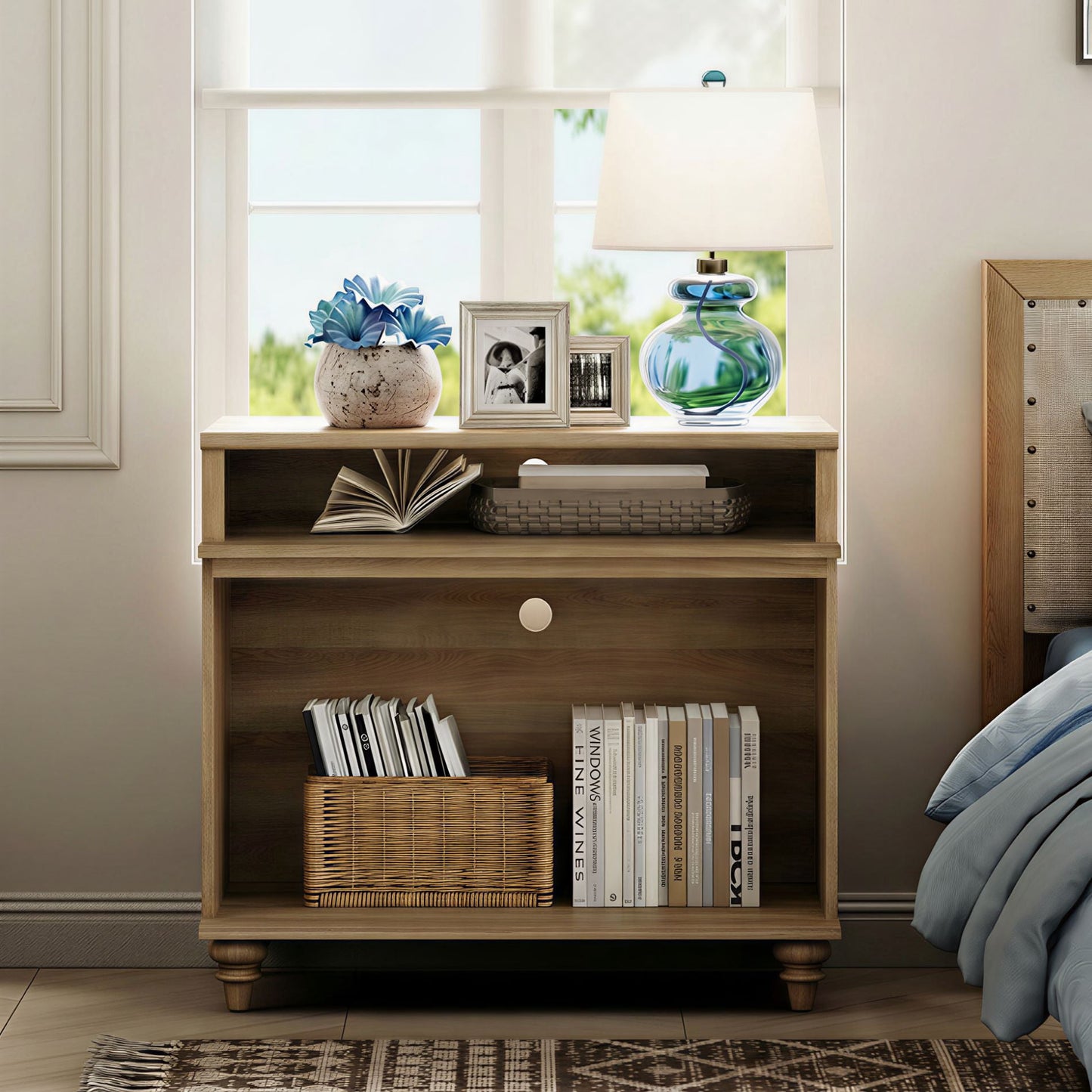 Tall Farmhouse Nightstand, Large Bedside Table Night Stand with Storage Shelf, Wide Sofa Side End Table for Living Room, Bedroom, Oak, 37"