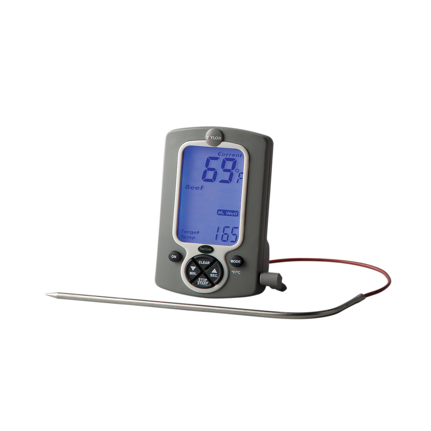 Taylor Digital Wired Probe Thermometer with Bright Blue Backlit Display, Presets, and Timer
