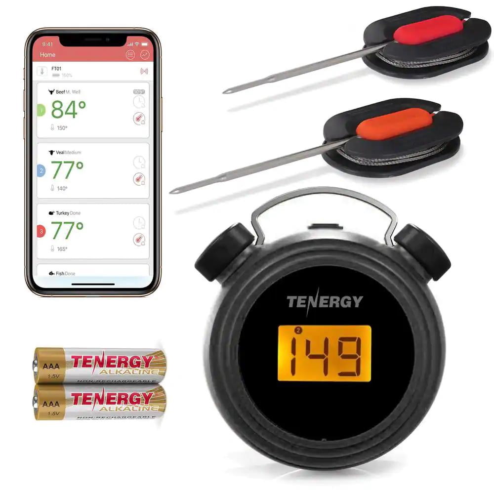 Tenergy Termómetro Digital de Carne MeatSmart, Termómetro de Barbacoa Inteligente Inalámbrico Controlado por Aplicación con 2 Sondas de Acero Inoxidable, Pantalla LCD Grande, Termómetro de Cocina para Parrilla y Ahumador