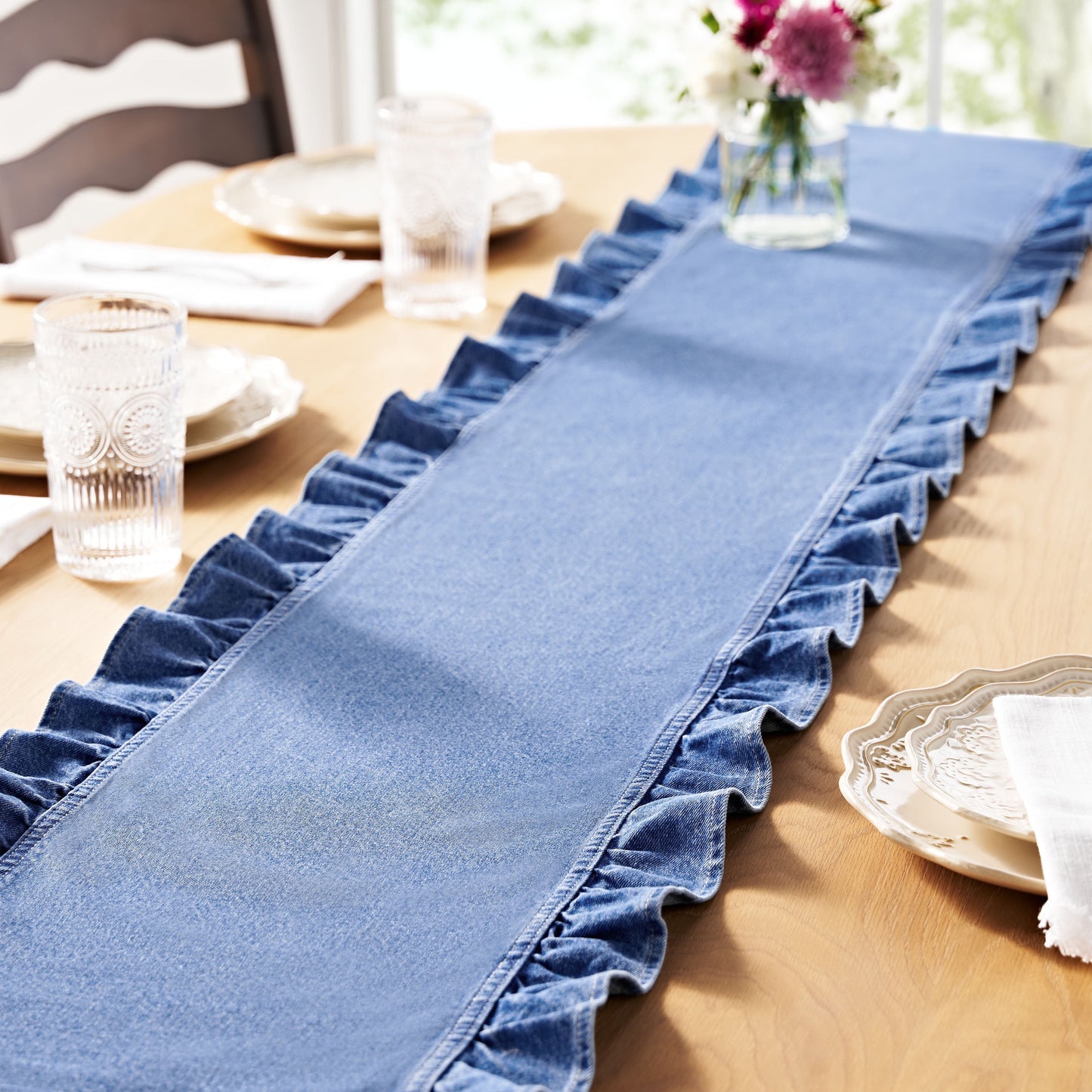 The Pioneer Woman 100% Cotton Denim Ruffle Runner, 14"W x 90"L