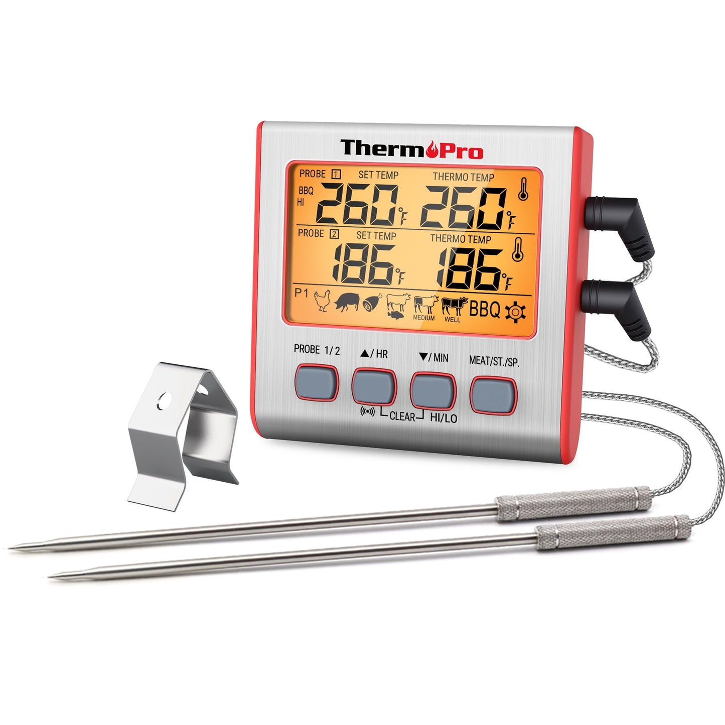 ThermoPro TP17W Large LCD Backlight Grill Food Thermometer with Dual Probes Timer Mode for Oven Grill Smoker BBQ