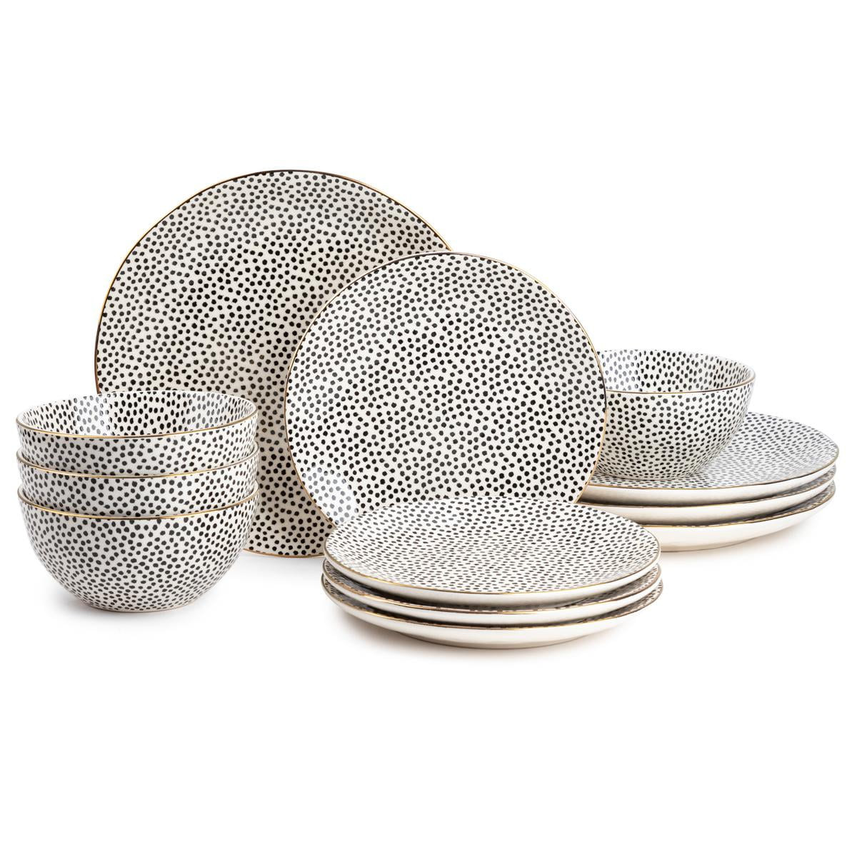 Thyme & Table TT0061 Dinnerware Black & White Medallion Stoneware, 12 Piece Set