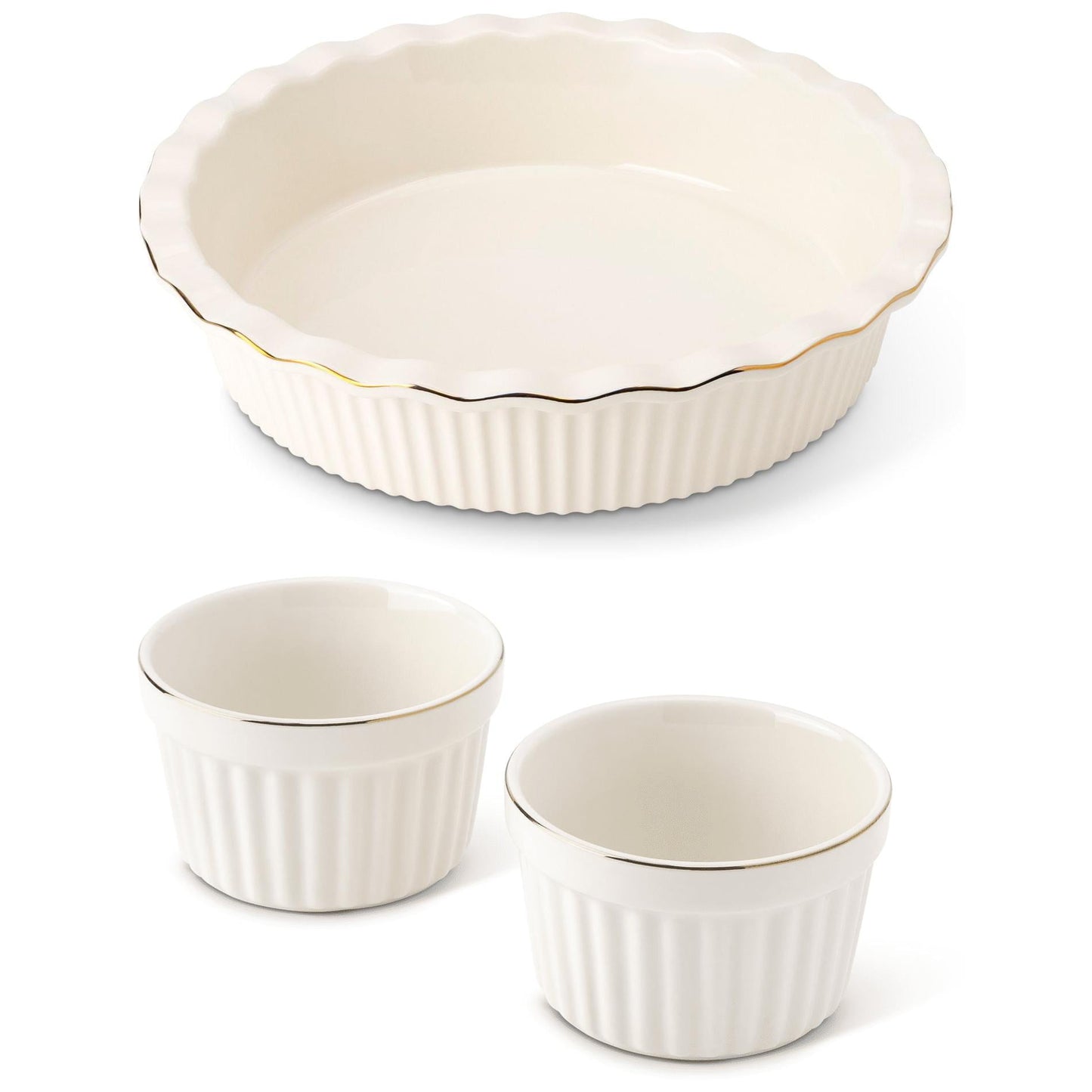 Thyme & Table Pie Dish and 2-Piece Ramekin Set, White Ribbed Ceramic