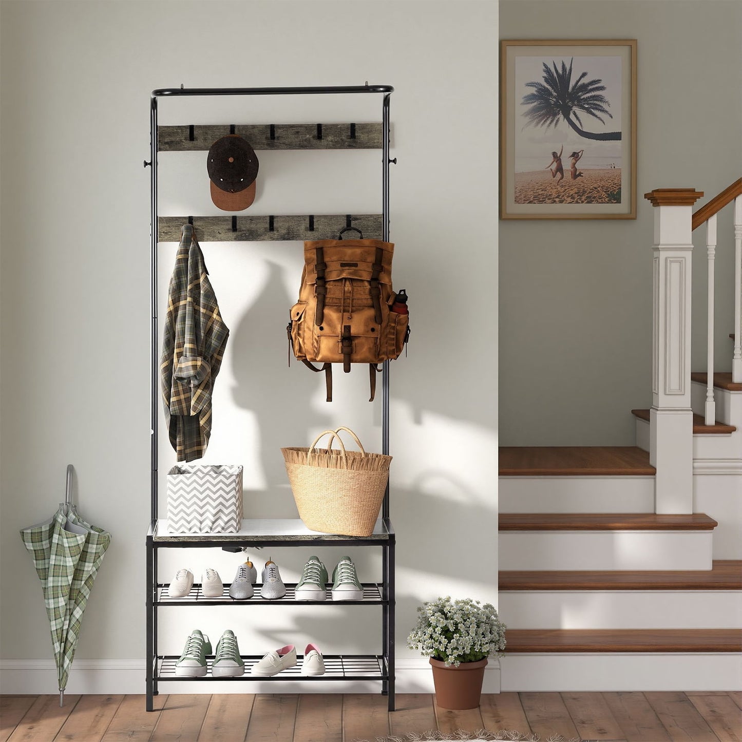 TrumanPick 4-in-1 Coat Rack, Hall Tree with Bench and Shoe Storage, Entryway Bench with Coat Rack, with 9 Removable Hooks & Hanging Rod, 13.3 x 28.3 x 72.1 Inches, Gray