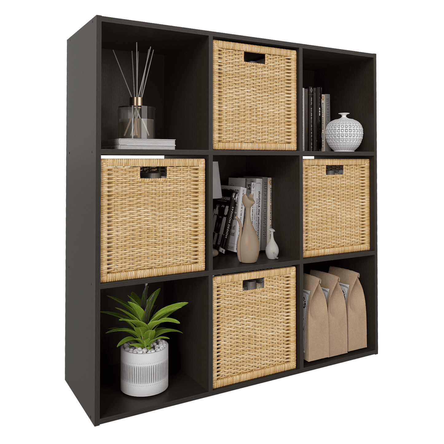 TrumanPick 9 Cube Storage Organizer, Wooden Stackable Bookcase with Anti-Tipping Kits, Cube Storage Shelves with Living Room, Bedroom, 36"D x 12"W x 36"H, Espresso