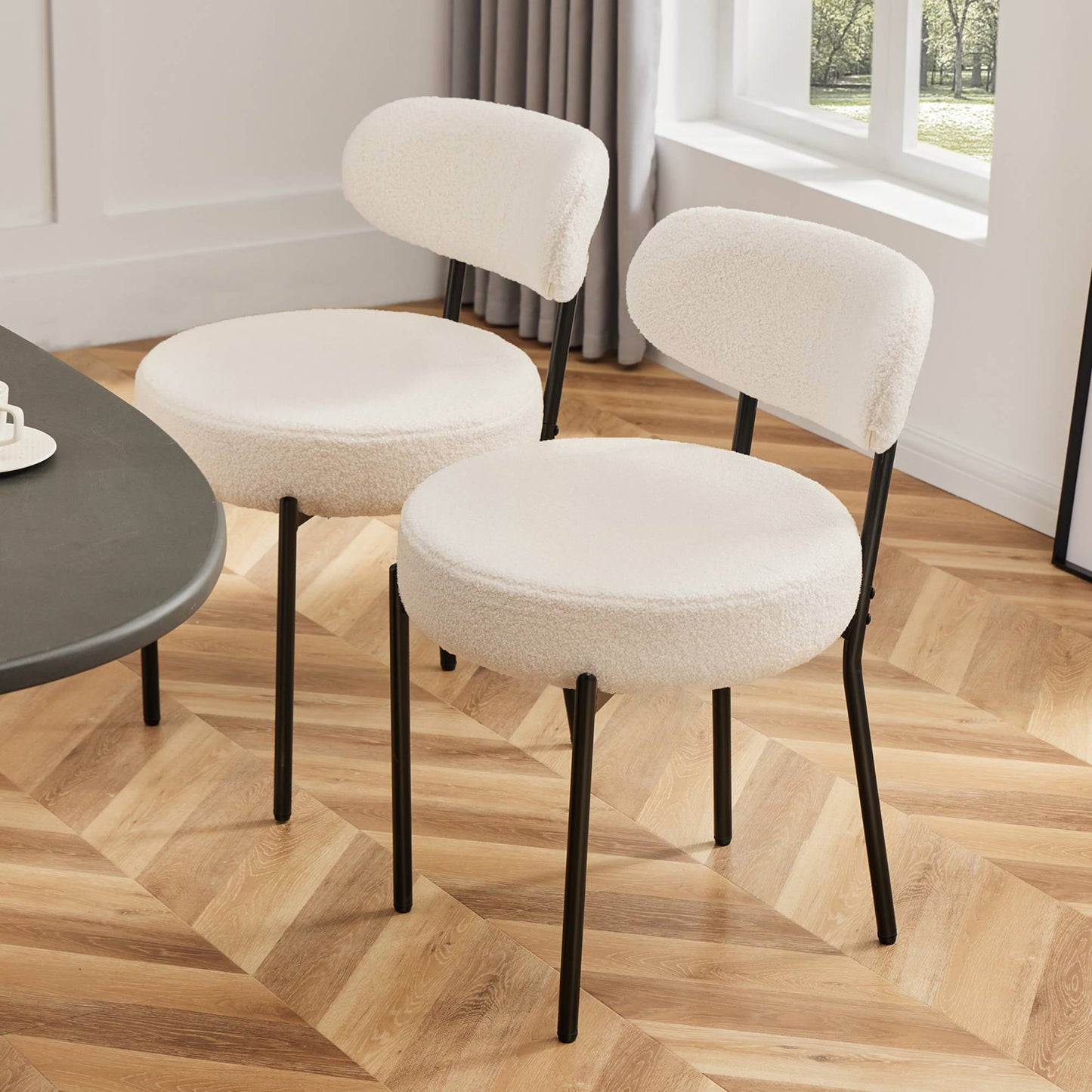 TrumanPick Boucle Dining Chairs Set of 2 Modern Upholstered Kitchen Chairs Dining Room Round Seat for Kitchen Island, Beige