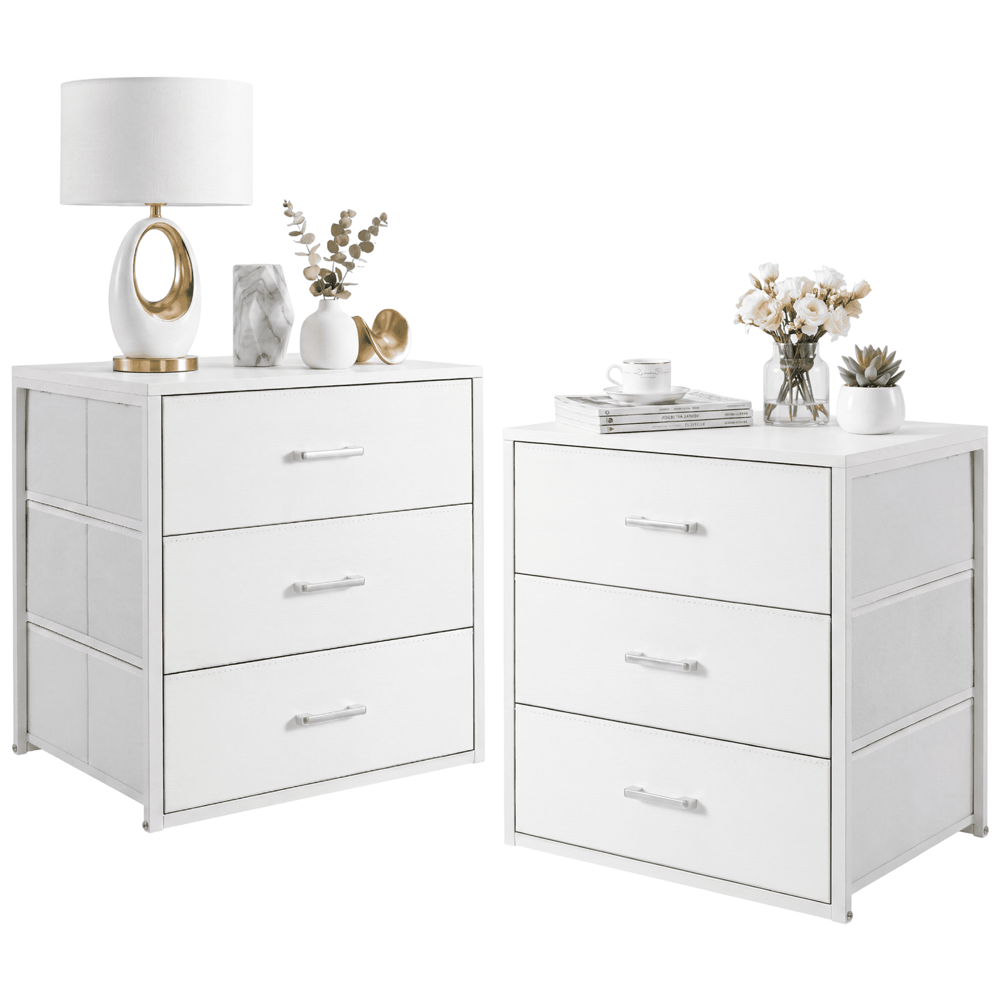 TrumanPick Fabric Storage Dresser Set of 2, White Nightstand for Bedroom, Small Dresser with 3 Drawers & Wooden Top, Bedside Table End Table for Bedroom Closet Entryway College Dorm