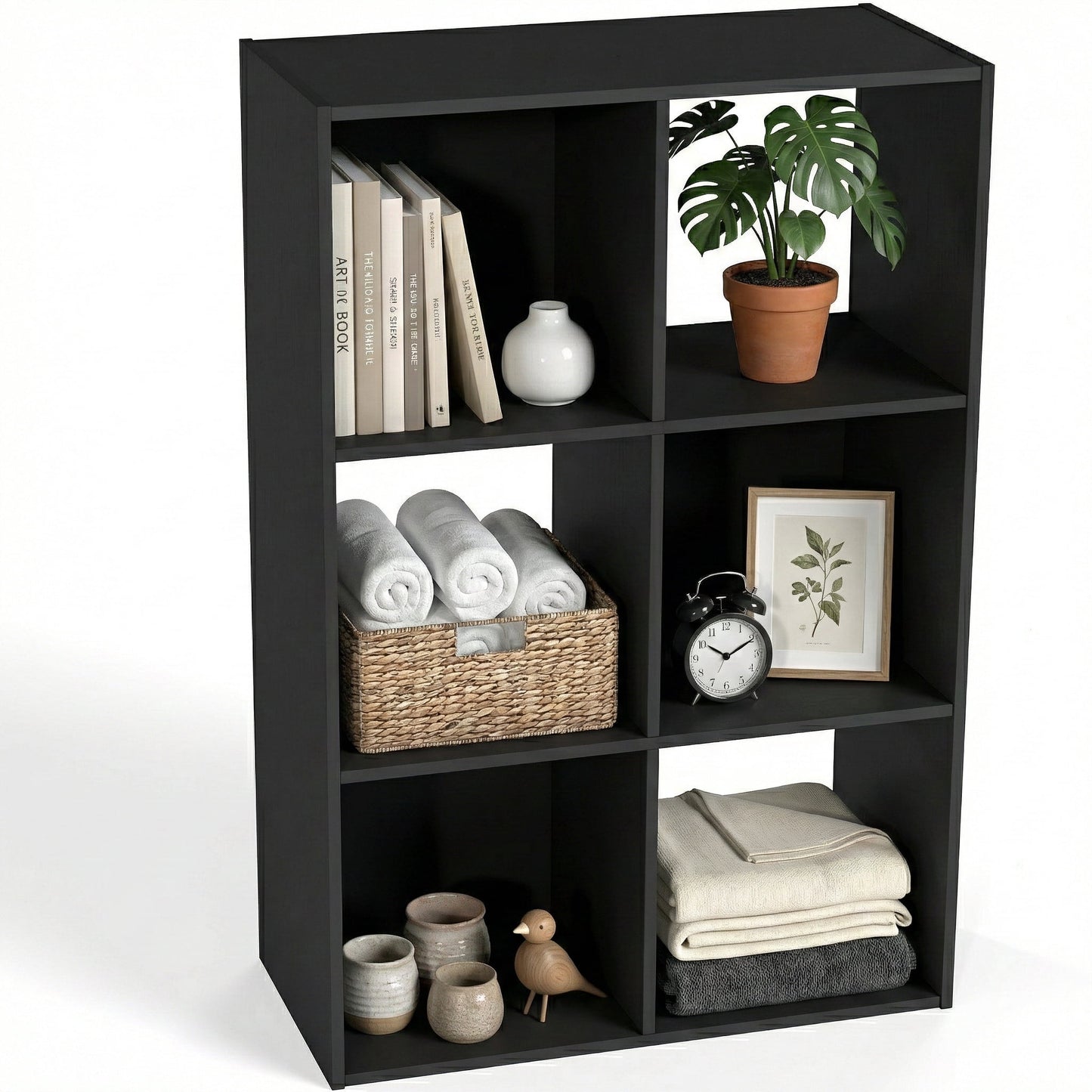 TrumanPick Stackable 6 Cube Storage Organizer, Wood Cubes Shelf, Square Cubicle Bookshelf Cabinet, Open Storage Shelf for Home&Office Organization, Black