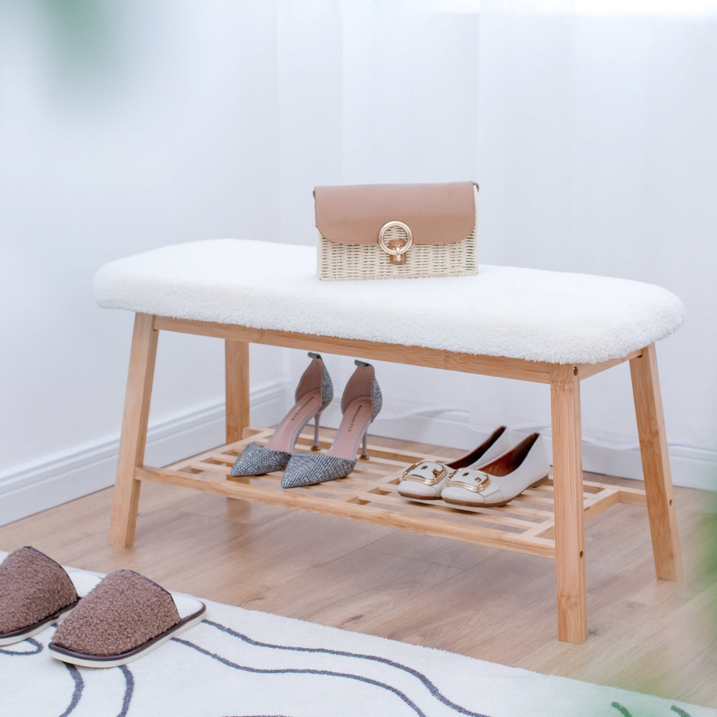Tufted Fabric Bench Ottoman Bench, White