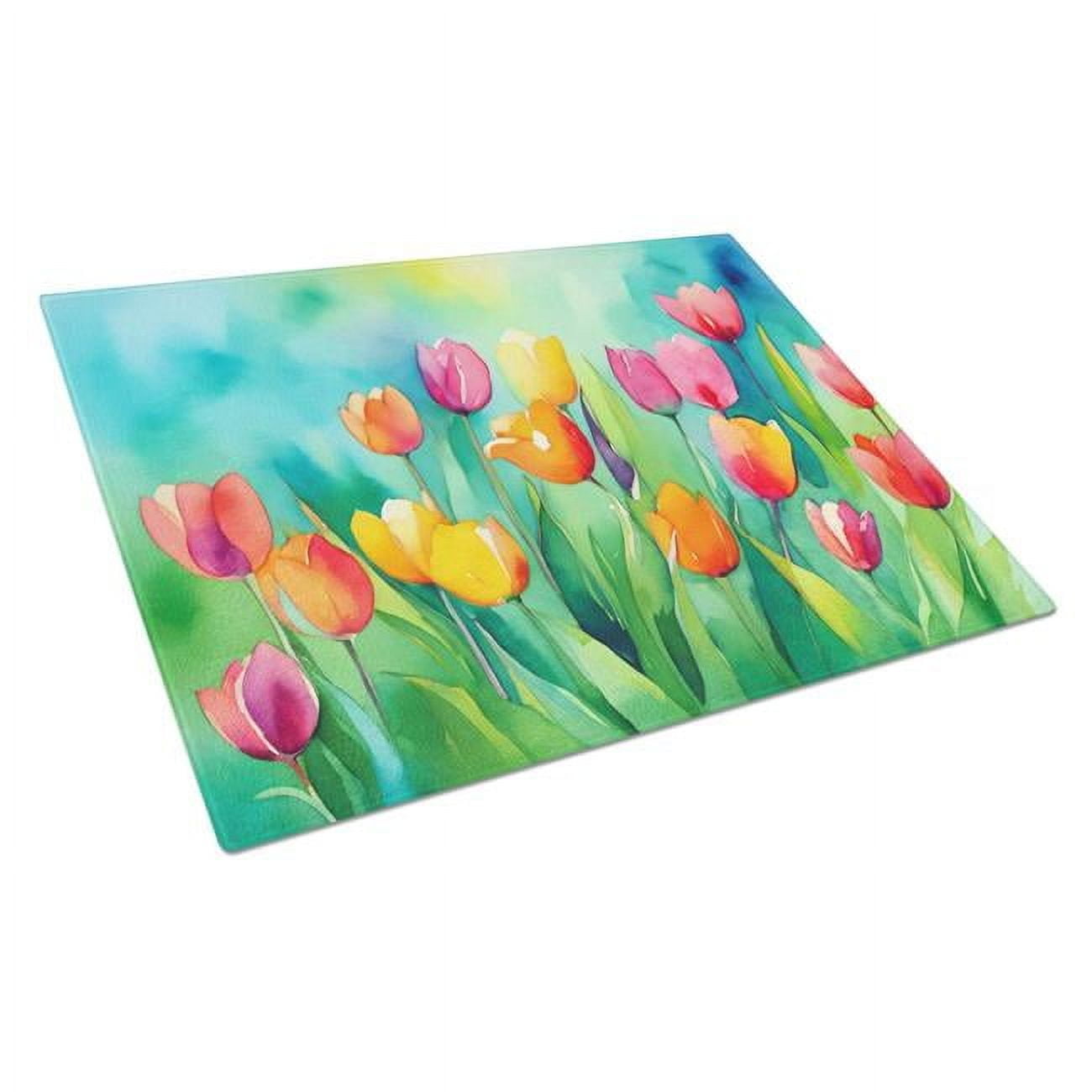 Tulips in Watercolor Glass Cutting Board Large 12 in x 15 in