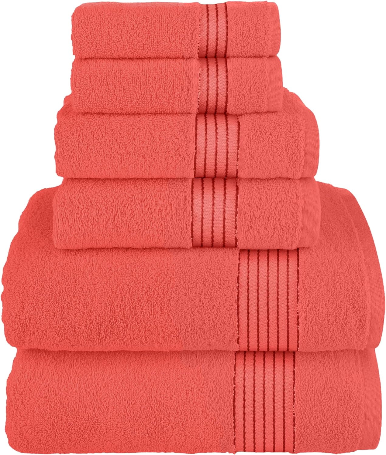 Turkish Linens Luxury Spa and Hotel Quality Premium Cotton 6-Piece Towel Set (2 x Bath Towels, 2 x Hand Towels, 2 x Washcloths), Coral