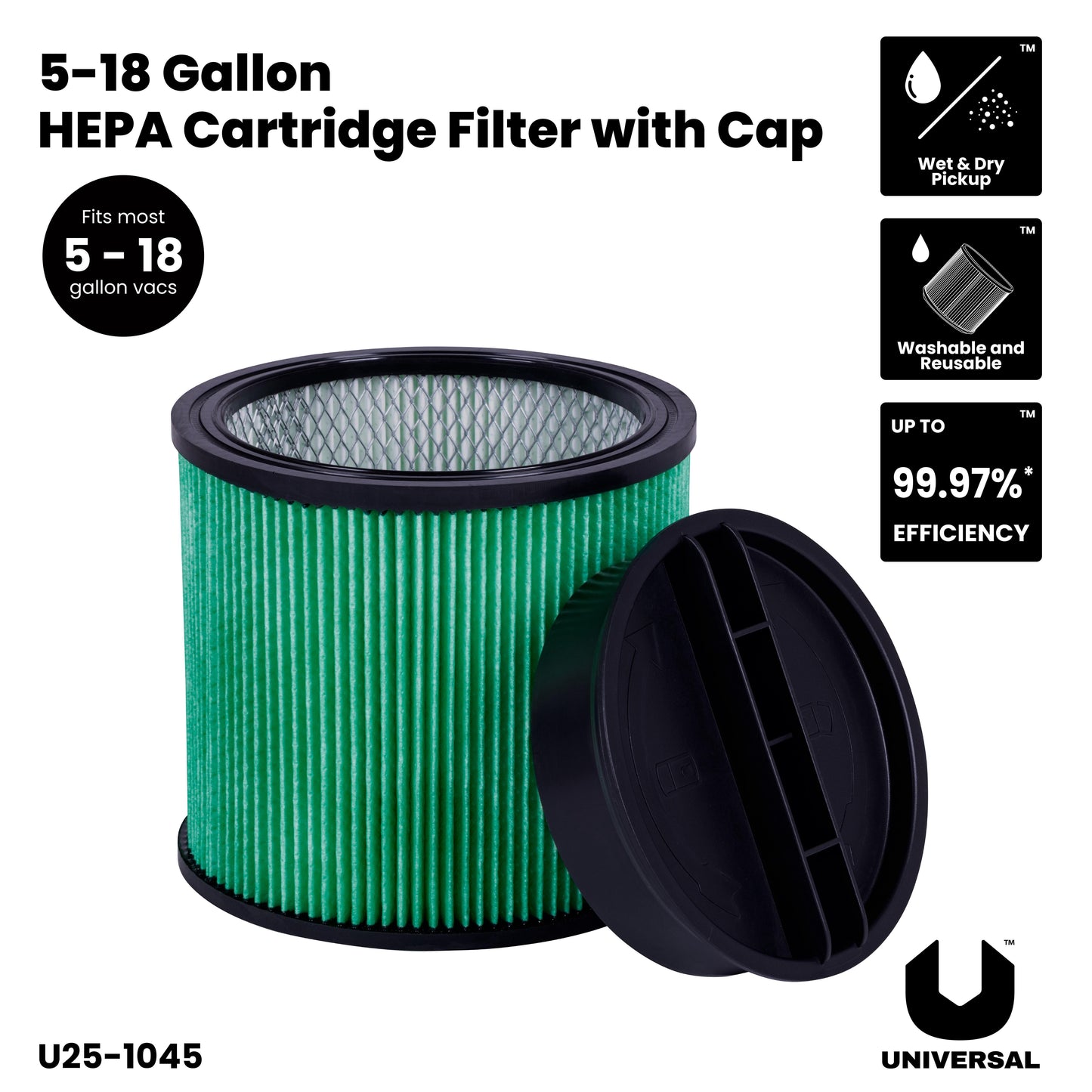 Universal HEPA Cartridge Filter with Cap, Fits Most 5-18 Gallon Vacuum Brands
