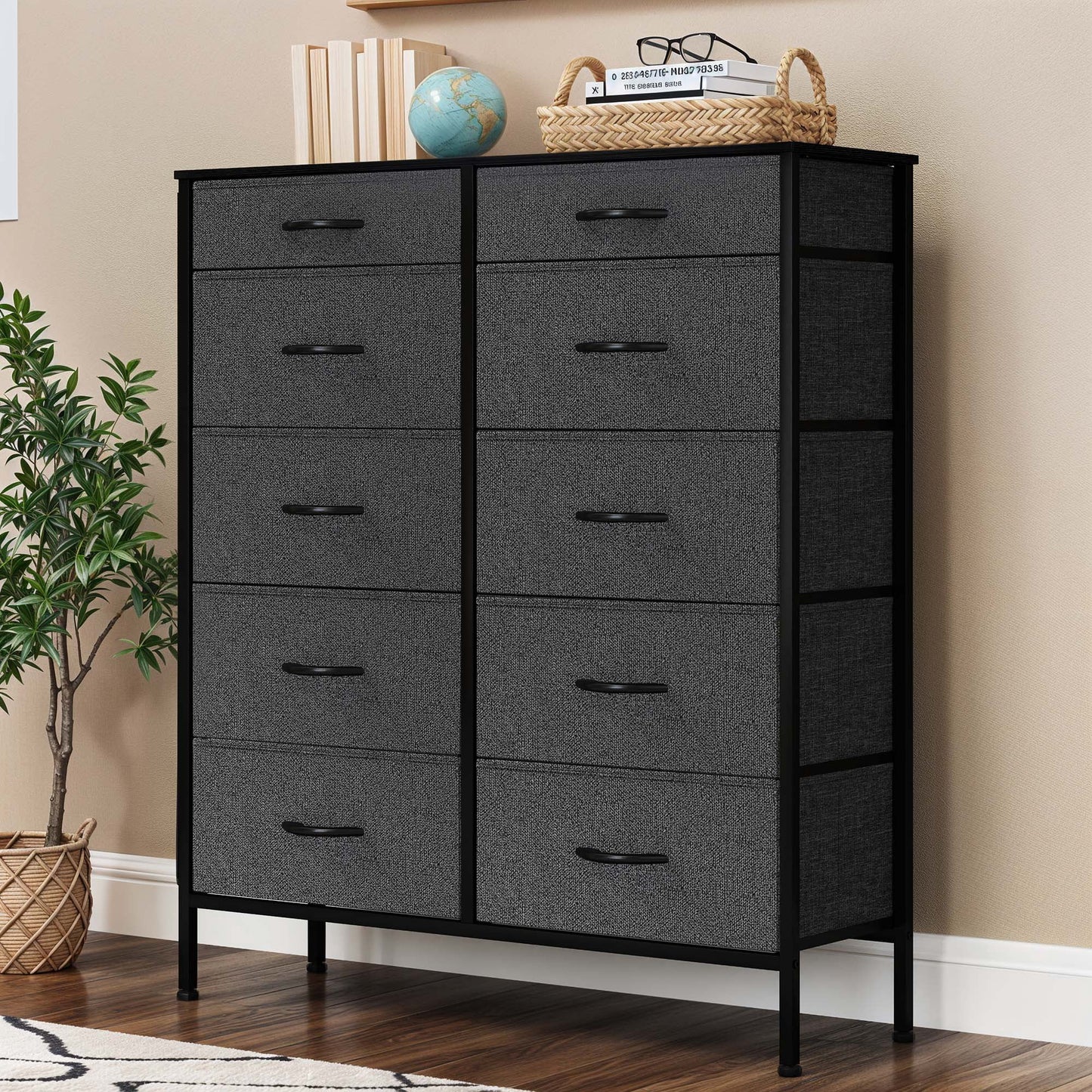 Uforic 10 Drawer Fabric Storag Dresser with Side Pockets, Sturdy Steel Frame, Wooden Top, for , Closets for Adult, Black Ash
