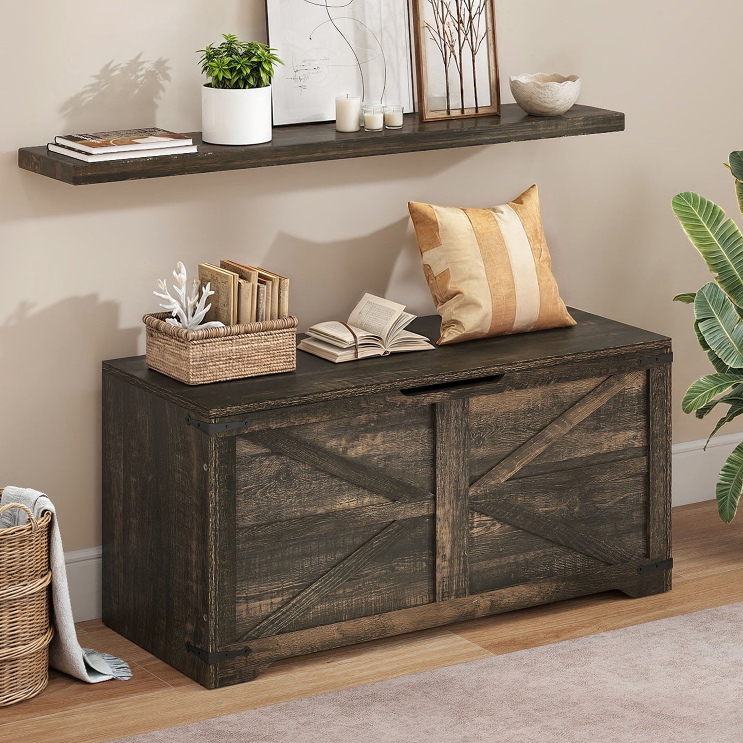 Uforic 39.4" Farmhouse Storage Bench, Wooden Chest with Safety Hinges, Shoe Organizer for Entryway - Rustic Brown