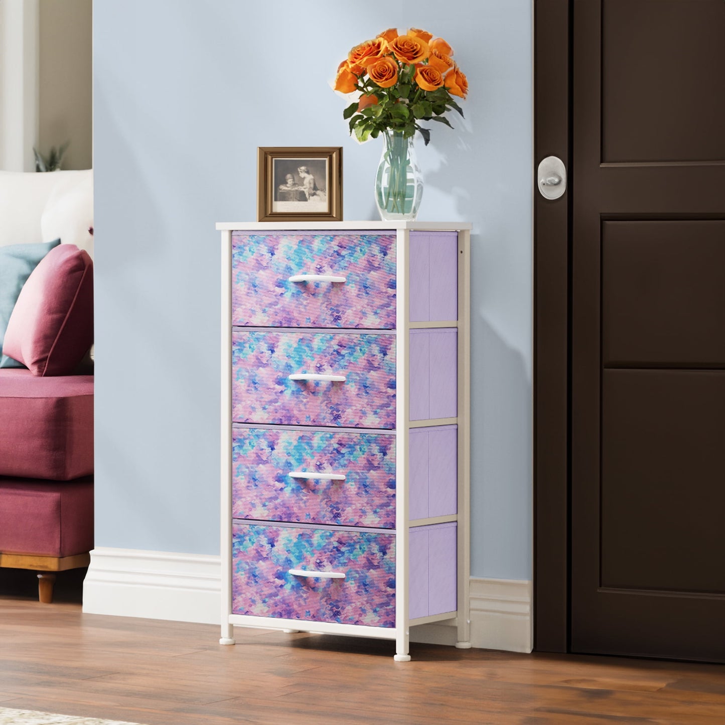 Uforic 4-Drawer Dresser, Storage Organizer for Bedroom & Nursery, Tie-Dye Purple, Adults & Kids